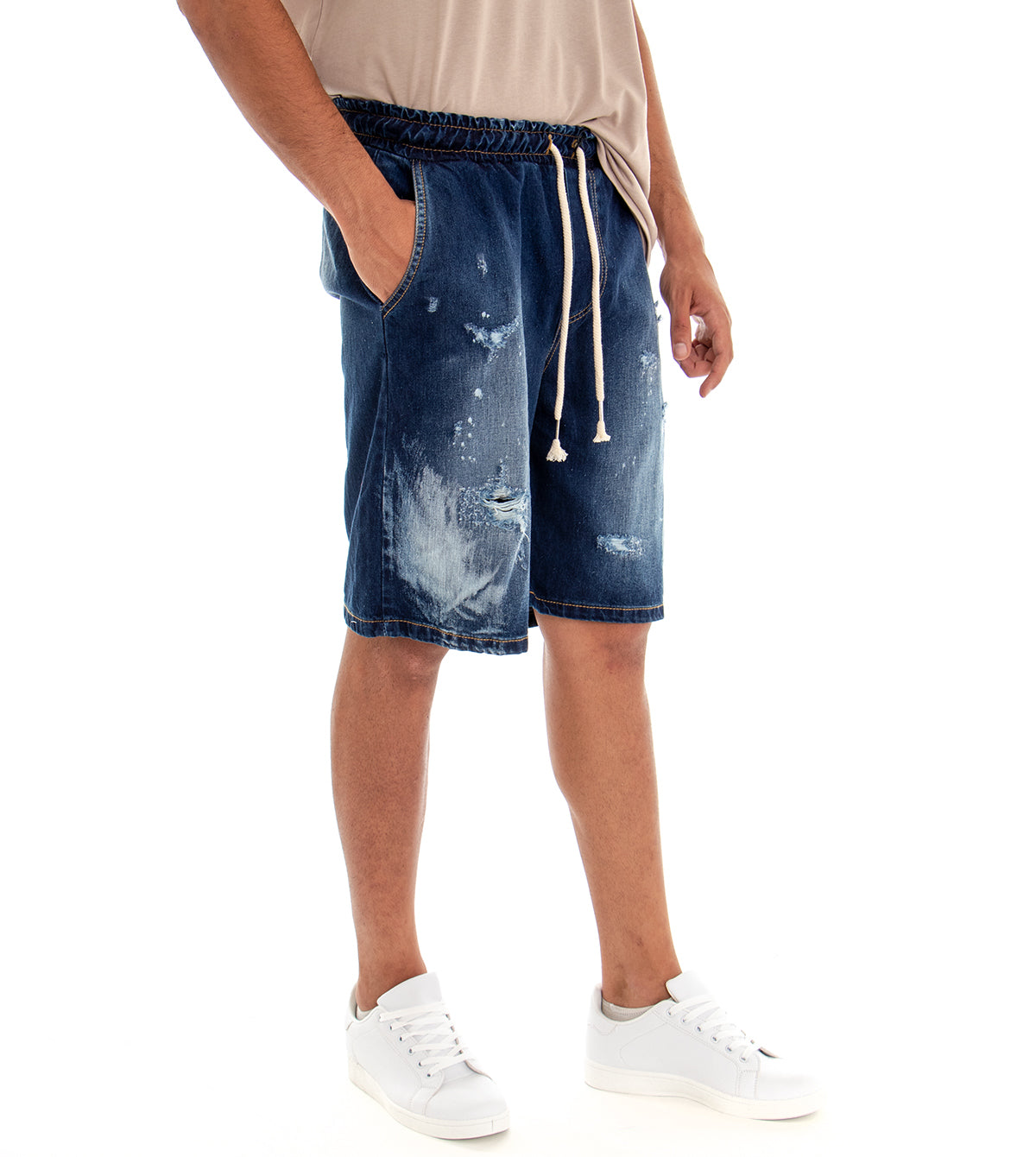Bermuda Pantaloncino Uomo Jeans Rotture Denim con Coulisse GIOSAL-PC1565A