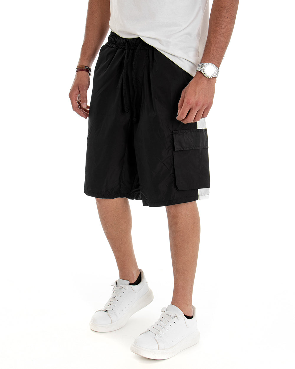 Bermuda Shorts Men Solid Color Trousers Black Stripe GIOSAL-PC1836A