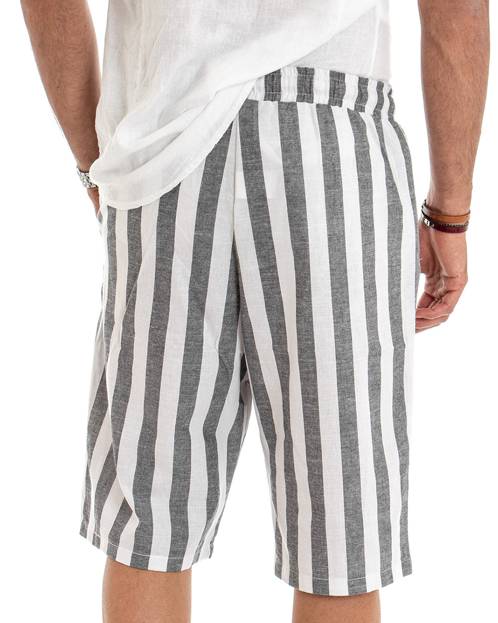 Men's Short Striped Bermuda Shorts Black Two-Tone Cotton GIOSAL-PC1837A