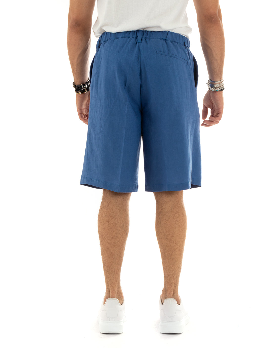 Bermuda Pantaloncino Uomo Corto Lino Tinta Unita Blu Royal Sartoriale Con Laccetto GIOSAL-PC1927A