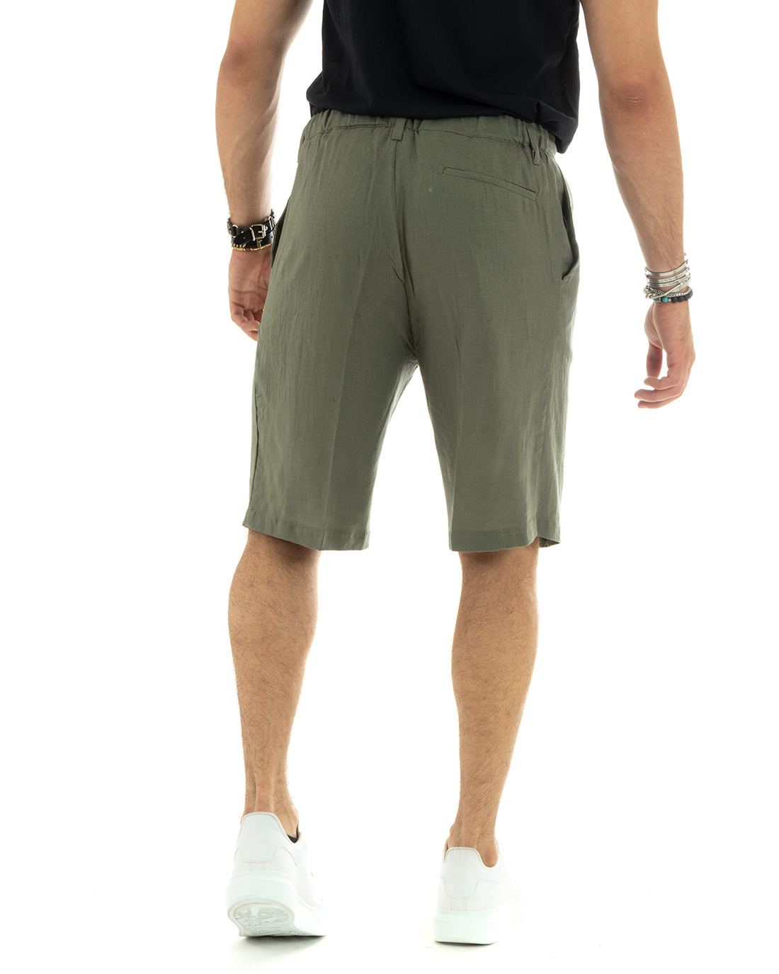 Bermuda Pantaloncino Uomo Corto Lino Tinta Unita Verde Sartoriale Con Laccetto GIOSAL-PC1931A