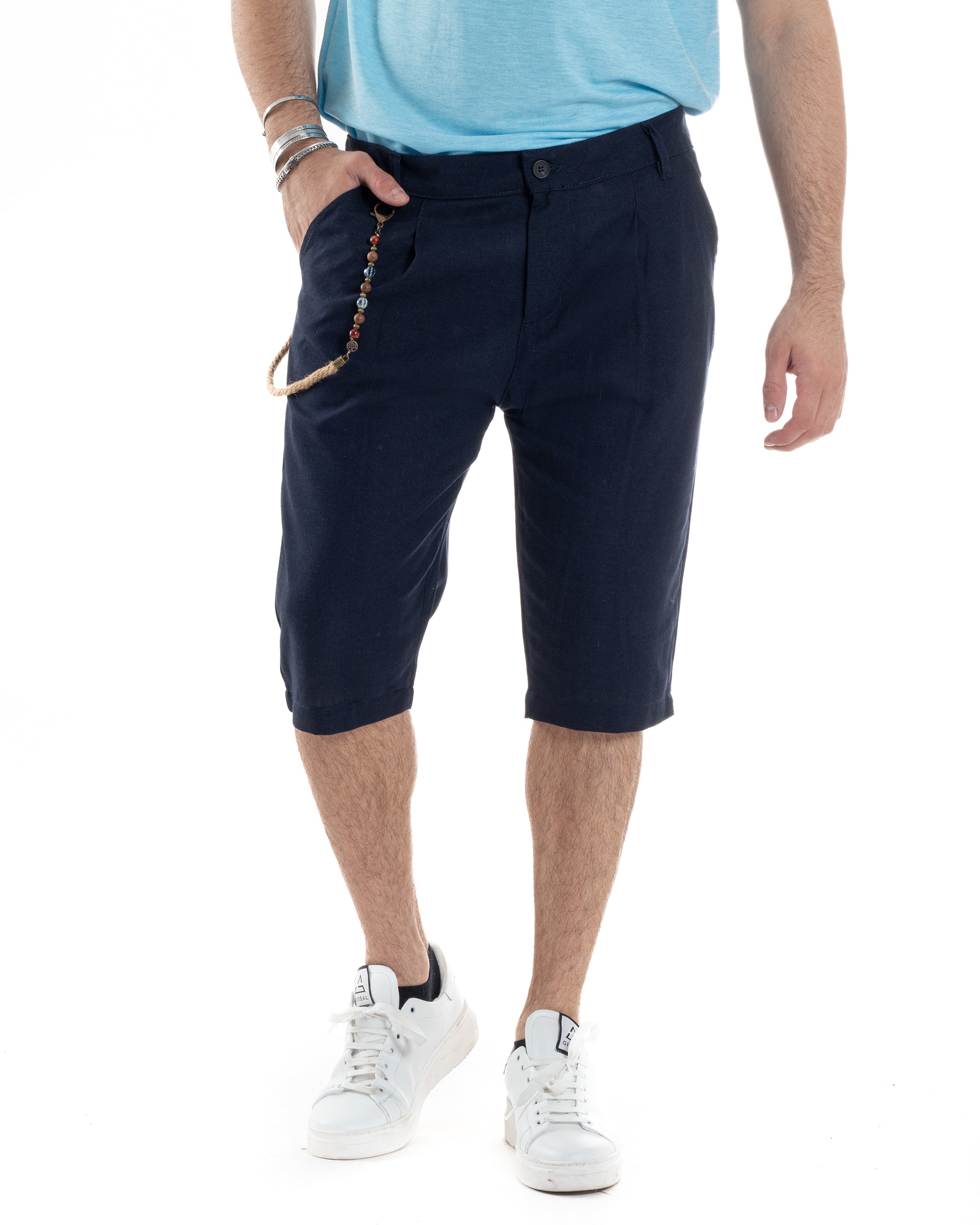 Bermuda Pantaloncino Uomo Corto Lino Tasca America Classico Sartoriale Comodo Casual Tinta Unita Blu GIOSAL-PC1951A