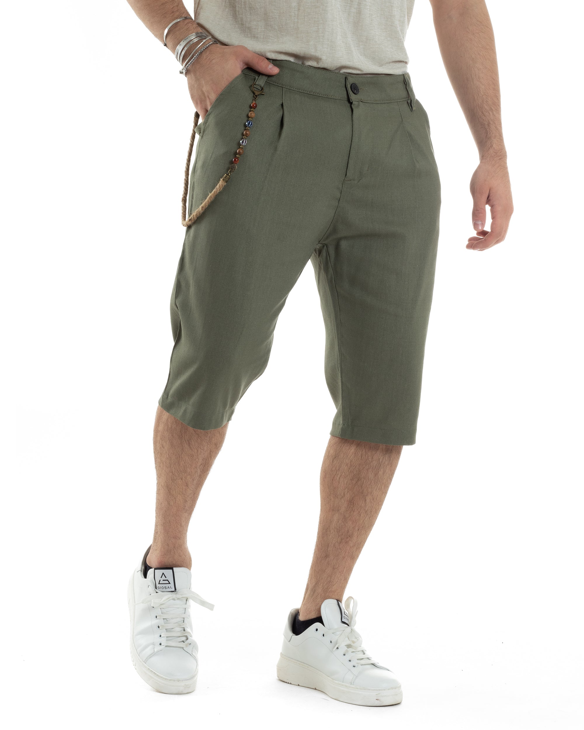 Bermuda Pantaloncino Uomo Corto Lino Tasca America Classico Sartoriale Comodo Casual Tinta Unita Verde GIOSAL-PC1953A