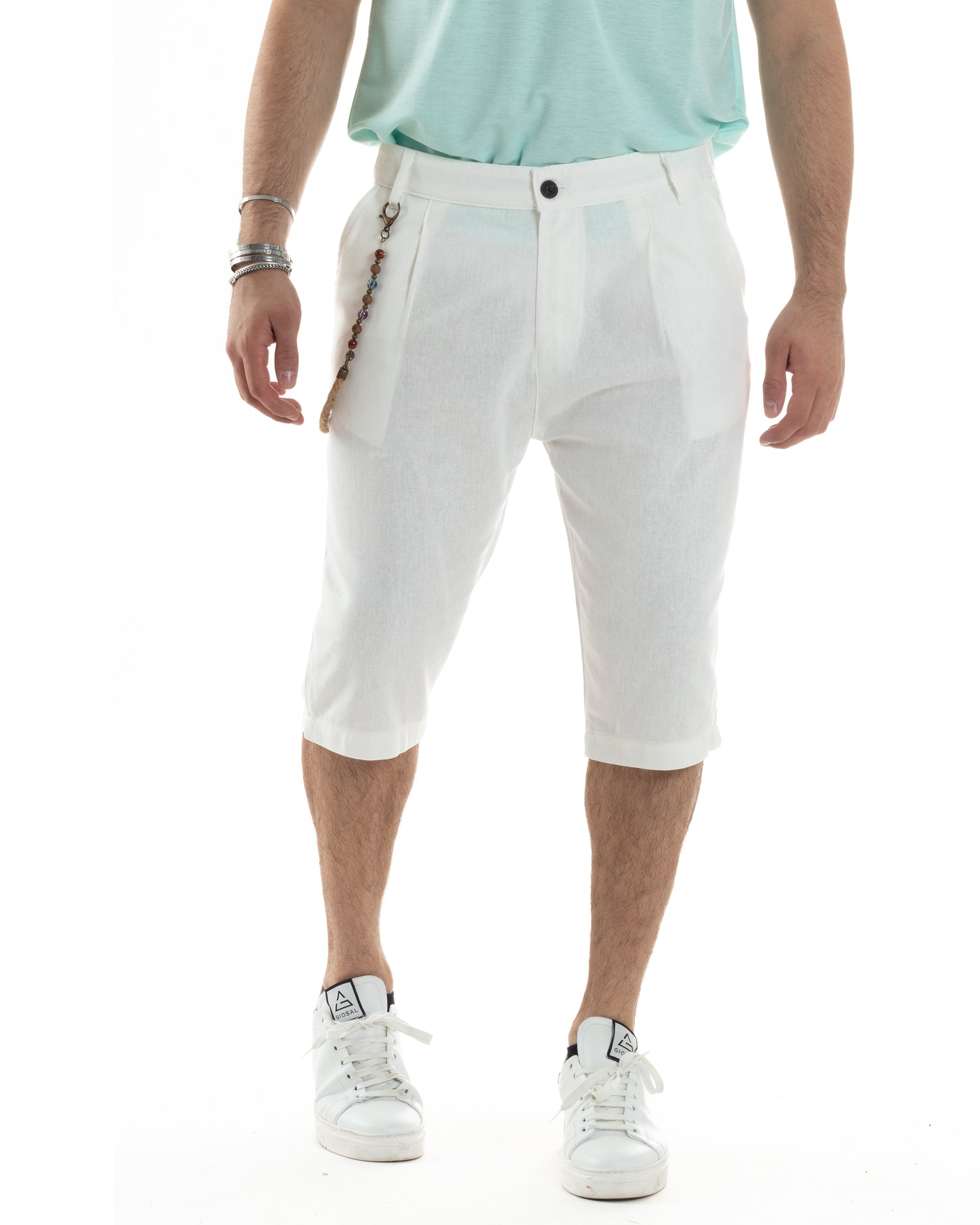Bermuda Pantaloncino Uomo Corto Lino Tasca America Classico Sartoriale Comodo Casual Tinta Unita Bianco GIOSAL-PC1954A