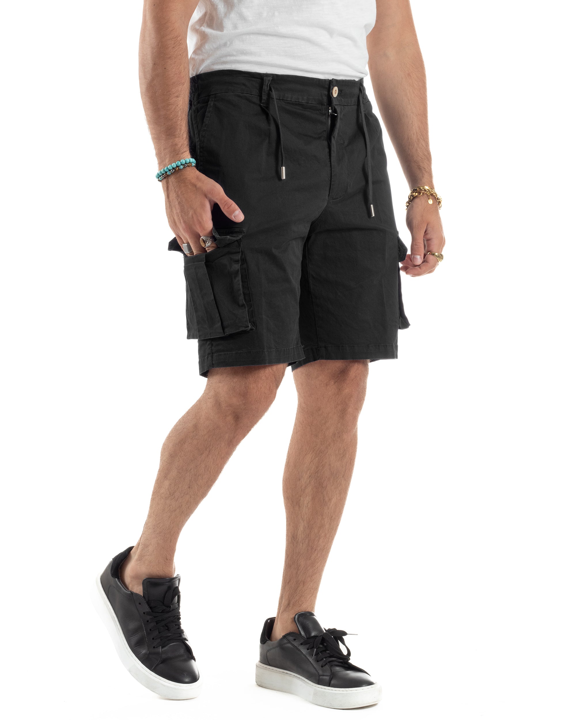 Mylldey Pantaloncini Cargo Uomo 3/4 In Cotone, 7 Tasche, Vita Elastica, Per Corsa E Trekking (Nero, 3XL)