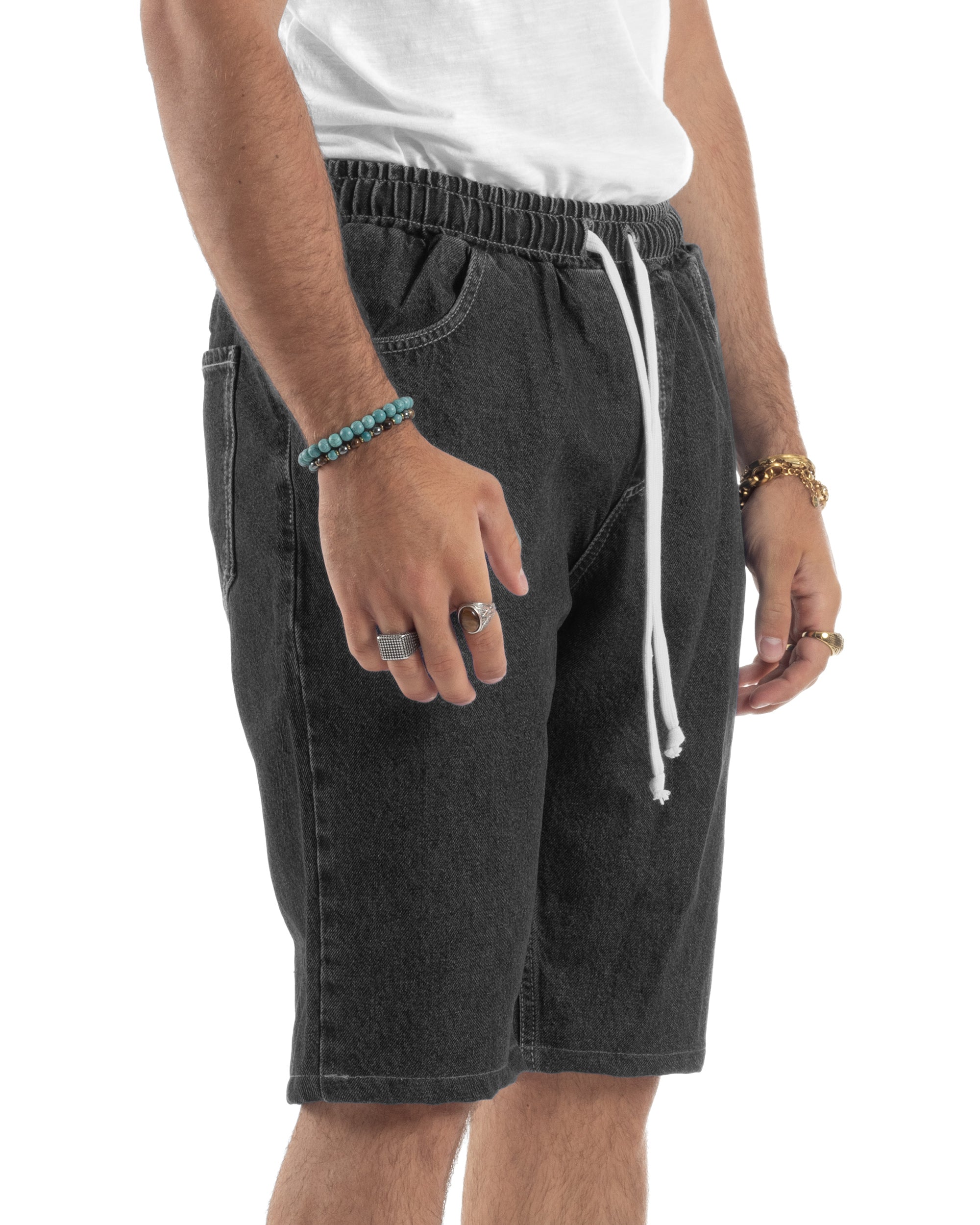 Bermuda Jeans Uomo Pantalaccio Basic Regular Fit Coulisse Denim Nero GIOSAL-PC2035A