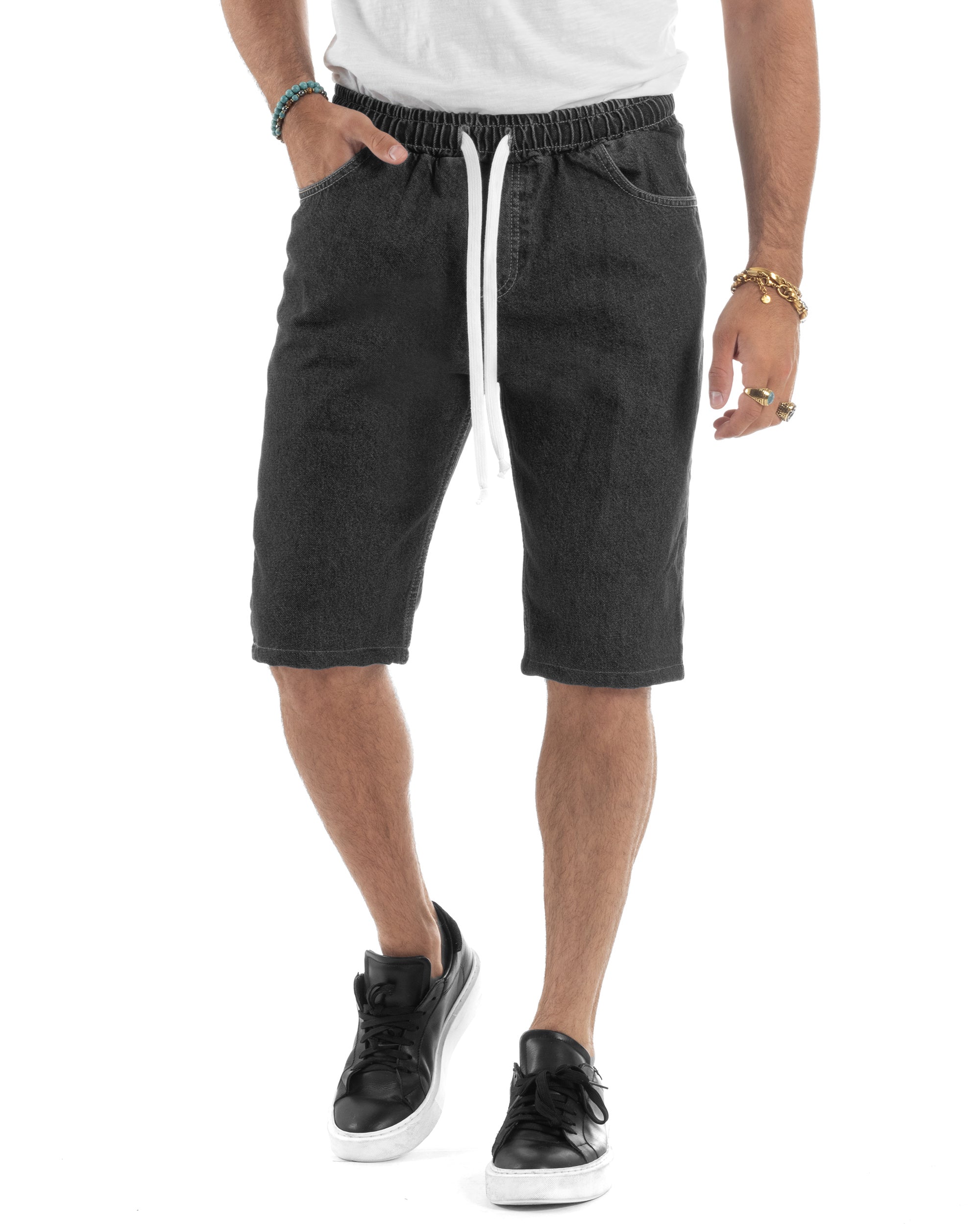 Bermuda Jeans Uomo Pantalaccio Basic Regular Fit Coulisse Denim Nero GIOSAL-PC2035A