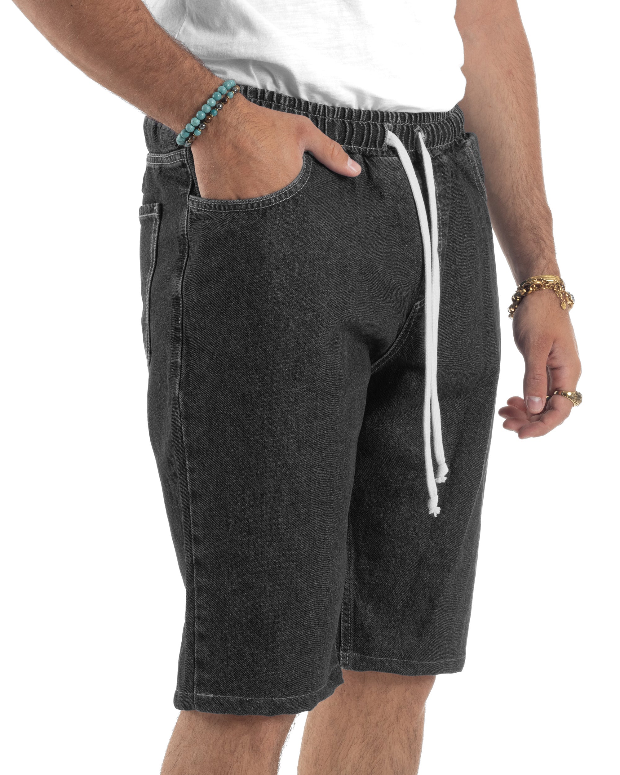 Bermuda Jeans Uomo Pantalaccio Basic Regular Fit Coulisse Denim Nero GIOSAL-PC2035A