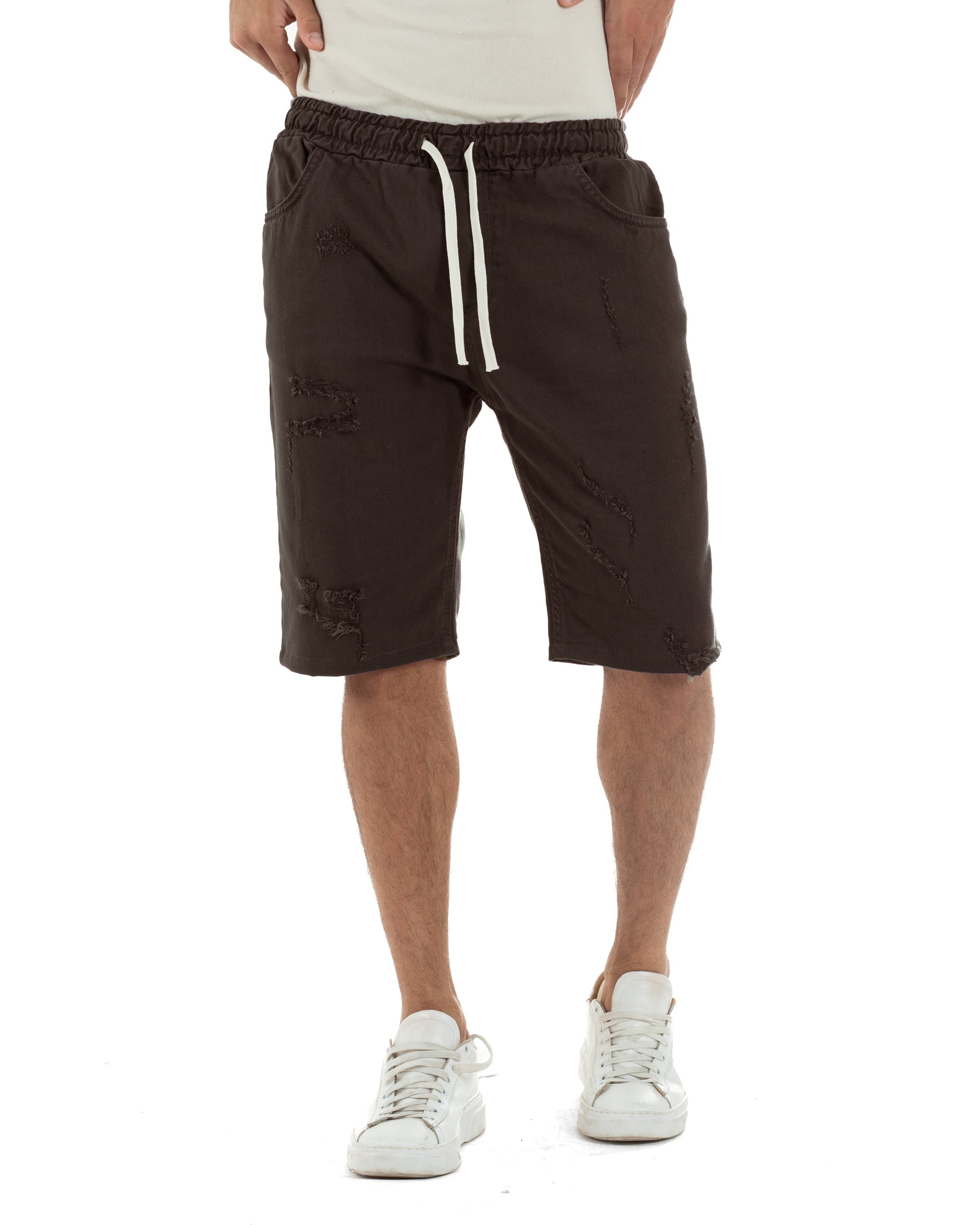Bermuda uomo cotone pantaloncini coulisse rotture jeans marrone GIOSAL-PC2036A