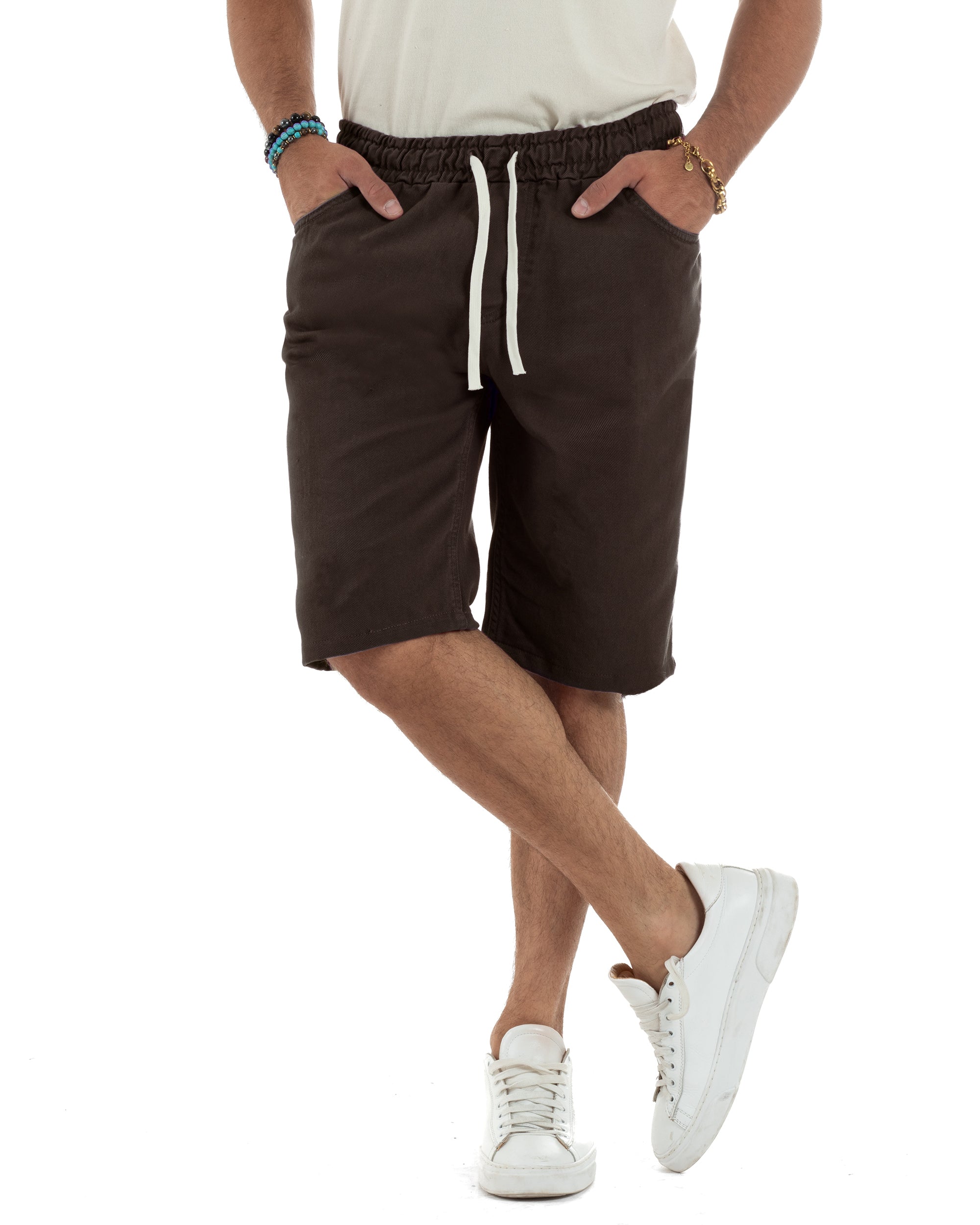 Bermuda uomo cotone pantaloncini coulisse jeans basic marrone GIOSAL-PC2037A