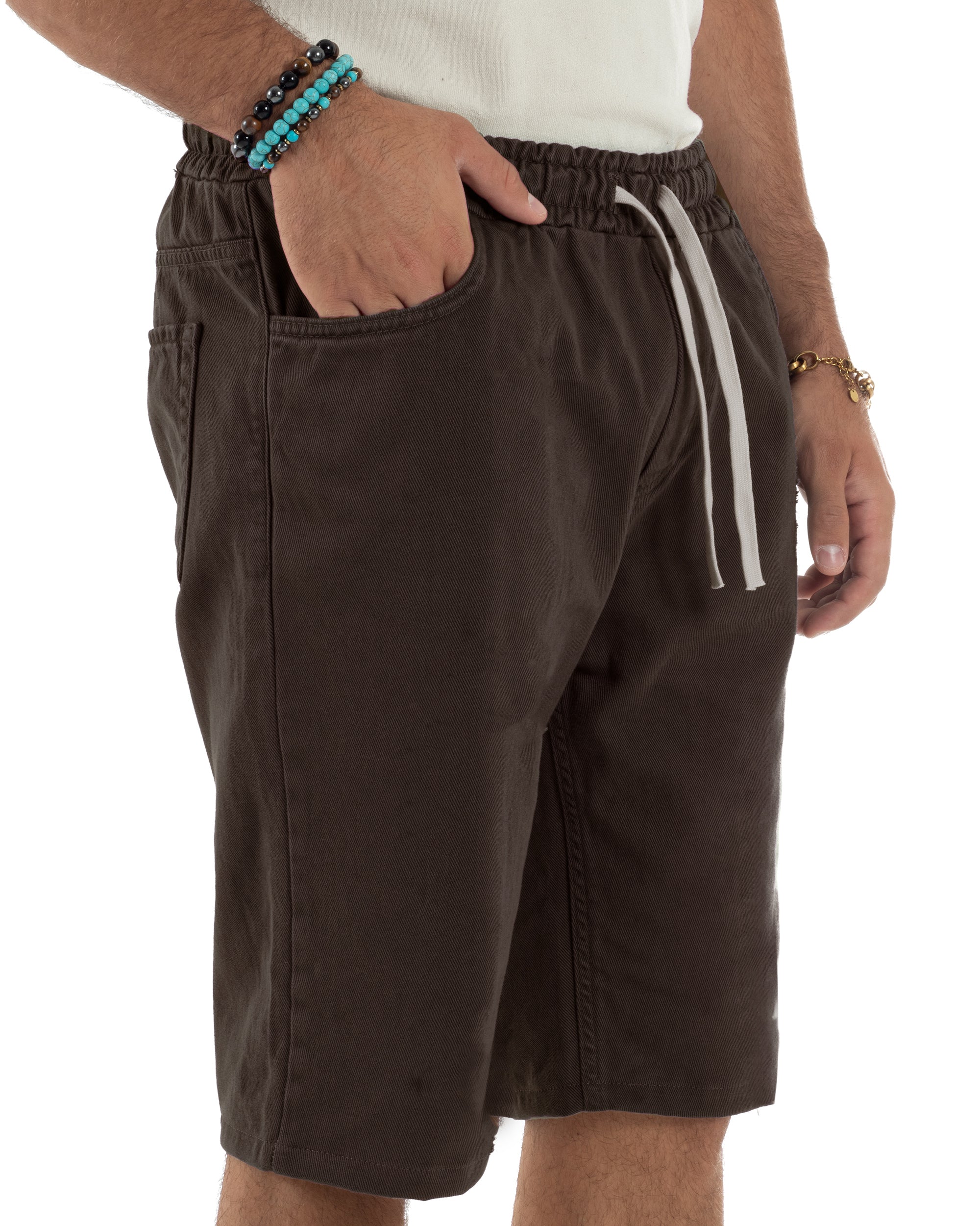 Bermuda uomo cotone pantaloncini coulisse jeans basic marrone GIOSAL-PC2037A
