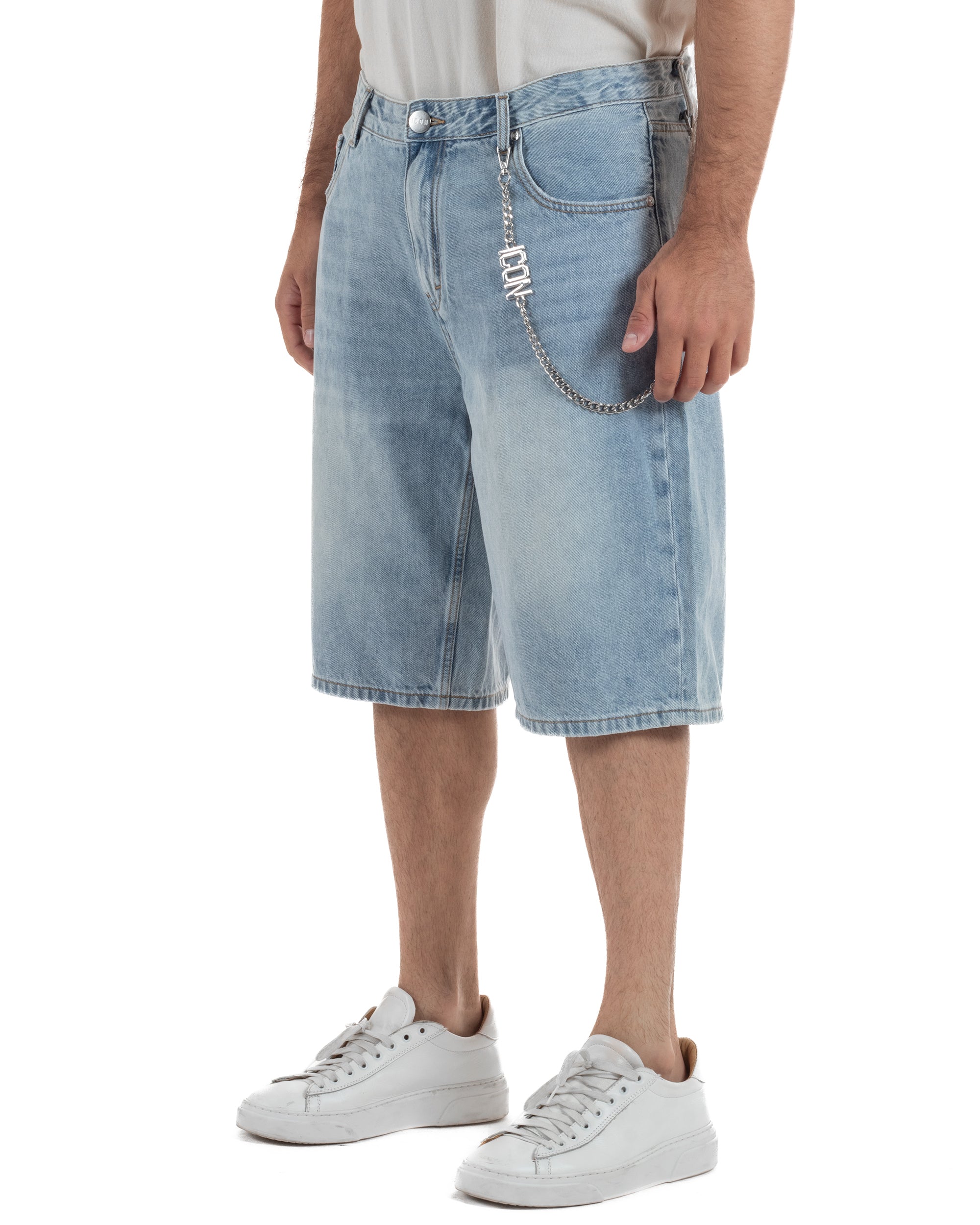 Bermuda pantaloncini uomo jeans oversize con catena e logo street style denim ICON-IUD007