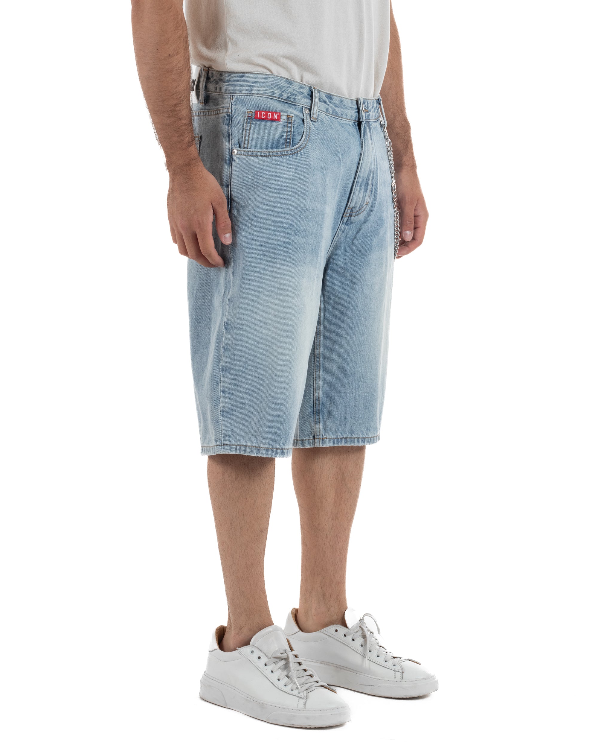 Bermuda pantaloncini uomo jeans oversize con catena e logo street style denim ICON-IUD007