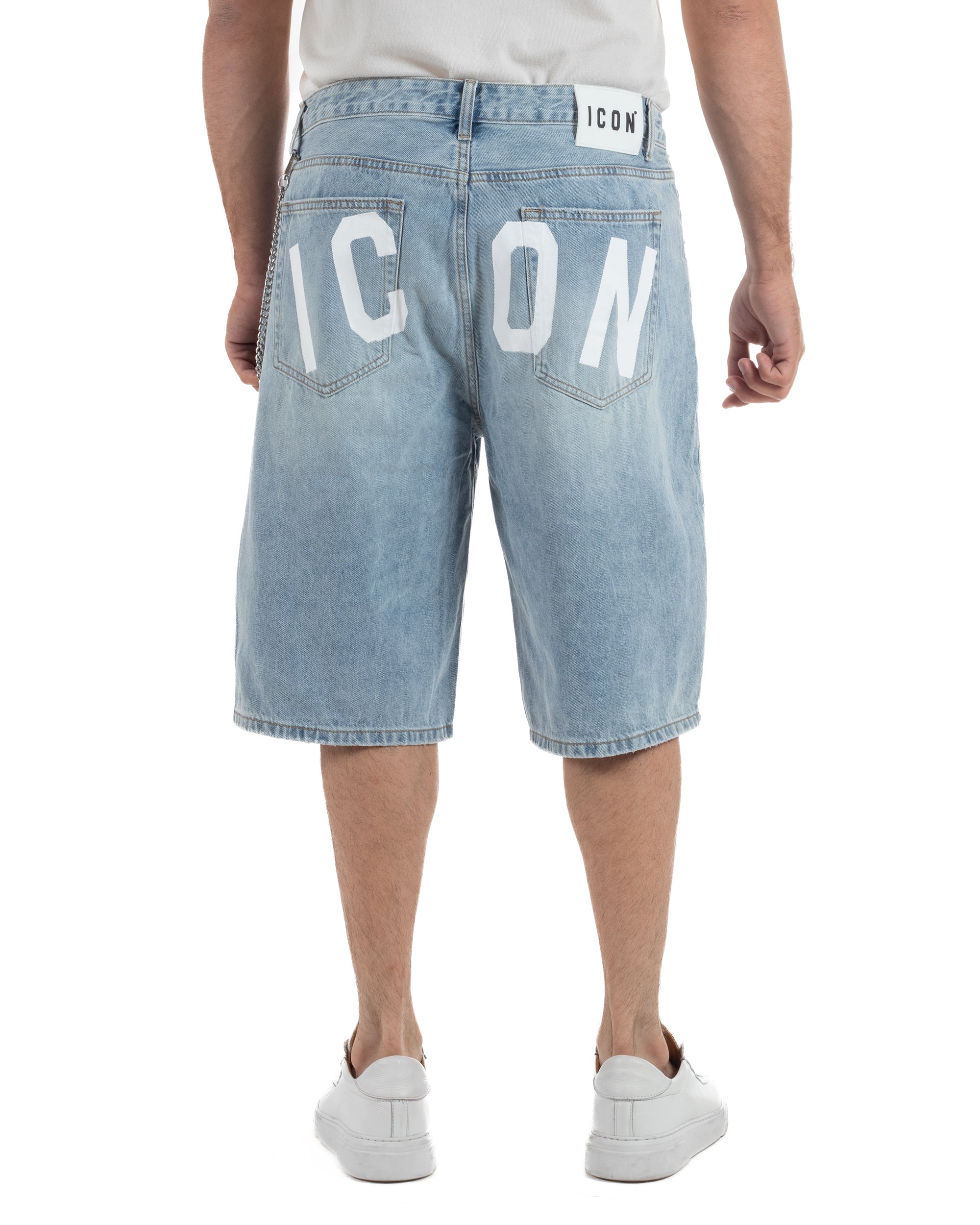 Bermuda pantaloncini uomo jeans oversize con catena e logo street style denim ICON-IUD007