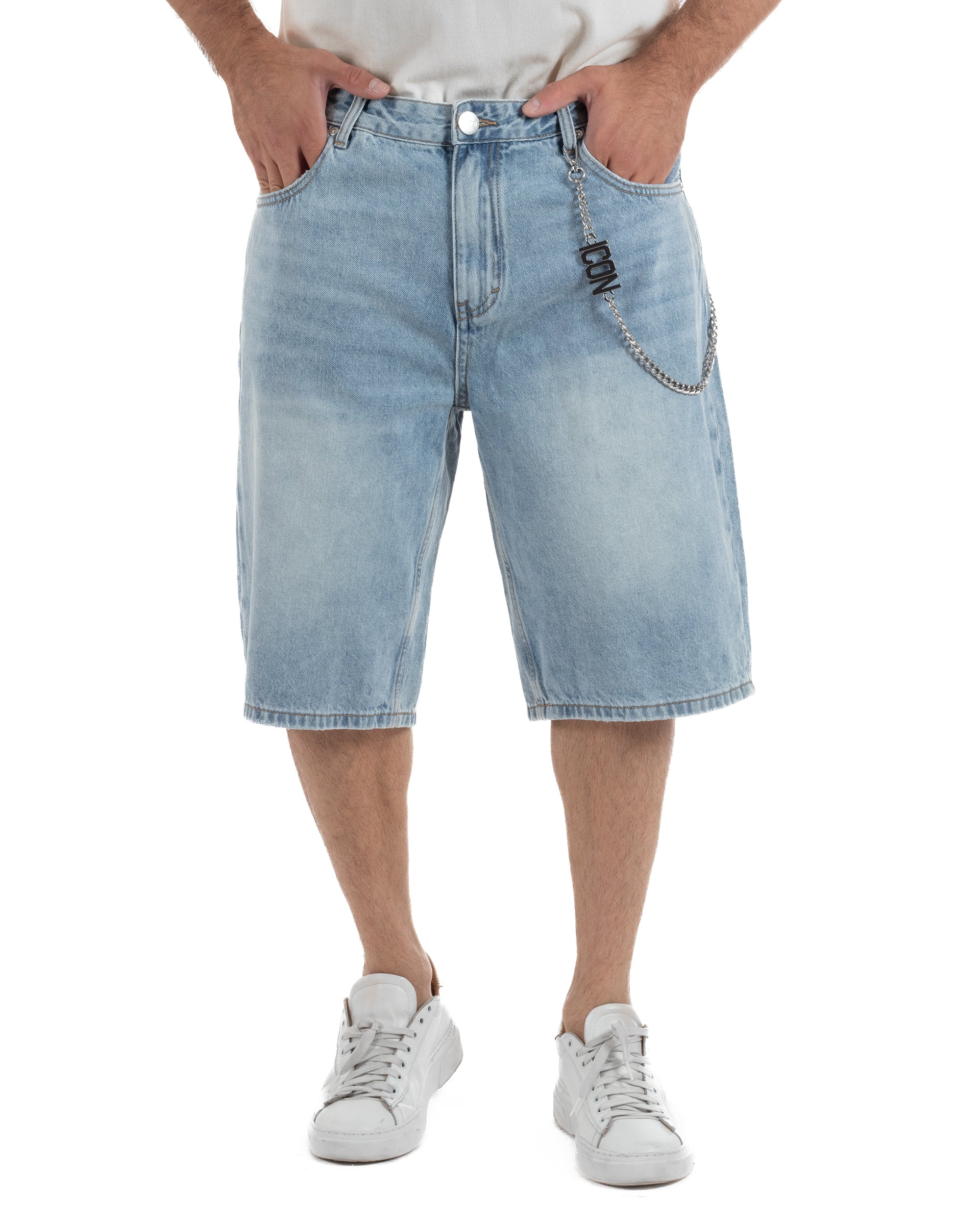 Bermuda pantaloncini uomo jeans oversize con catena e logo street style denim ICON-IUD007