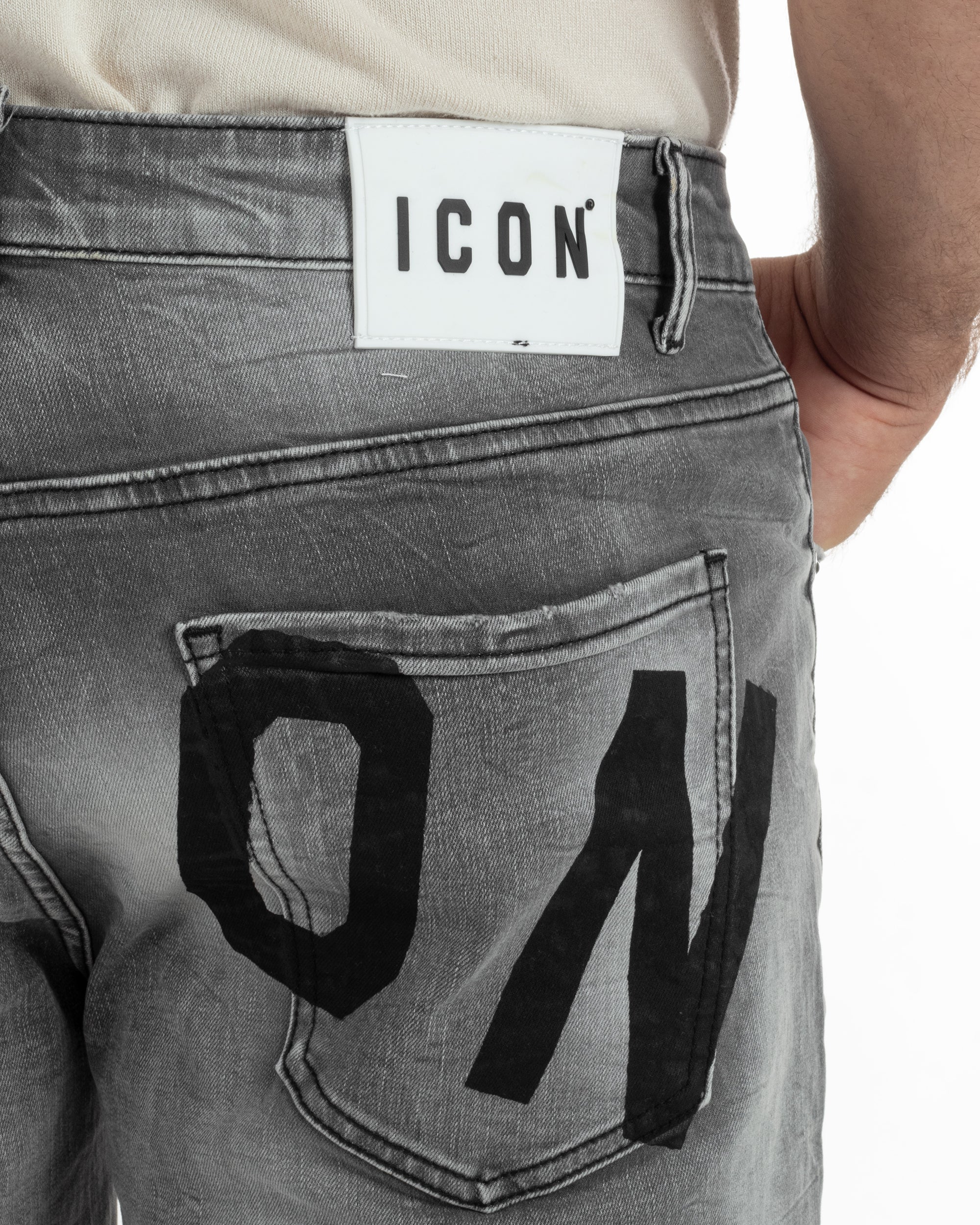 Bermuda pantaloncini uomo jeans rotture con catena e logo street style denim nero ICON-IUD031