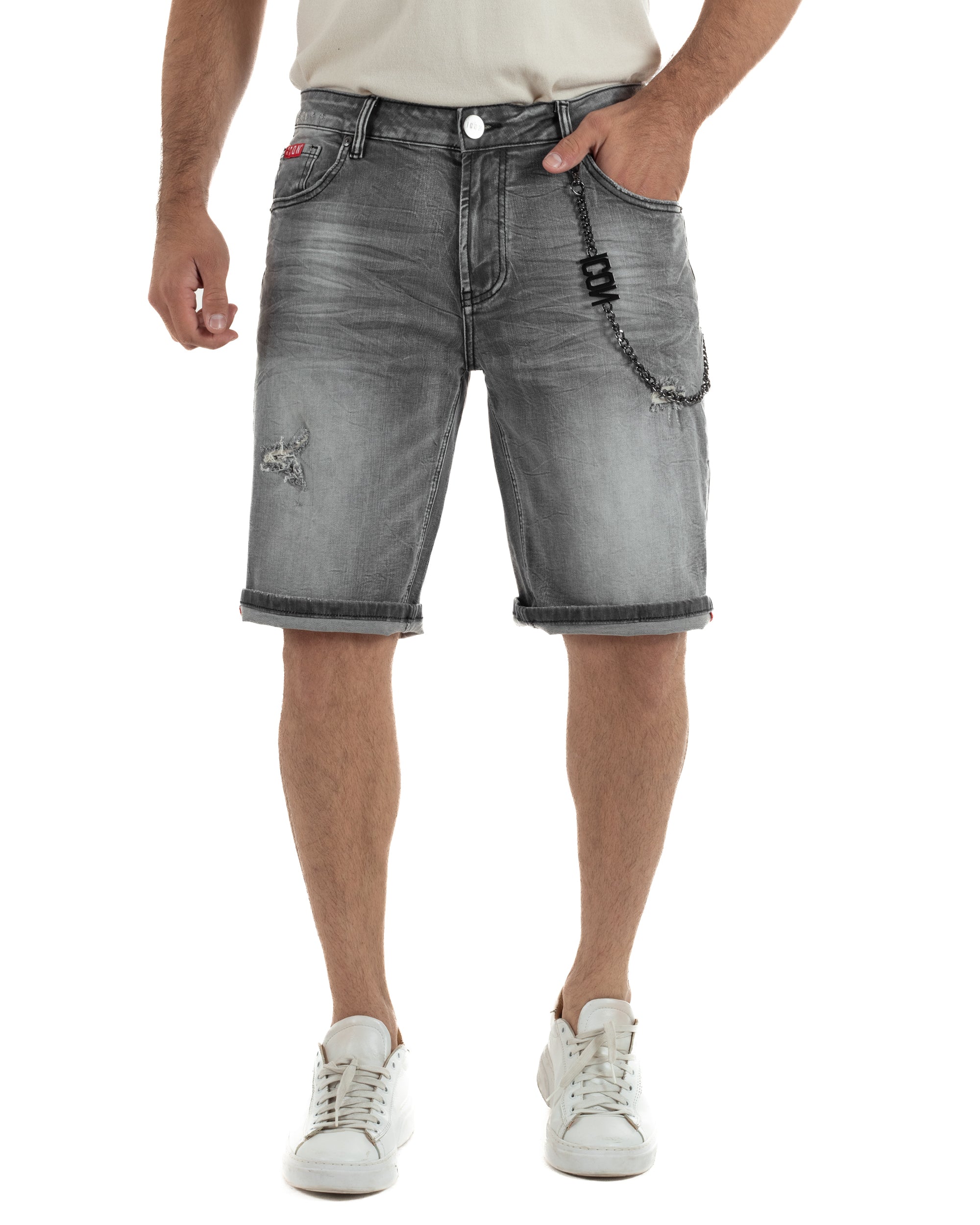 Vista frontale bermuda jeans uomo nero denim abrasioni catena removibile cinque tasche Icon