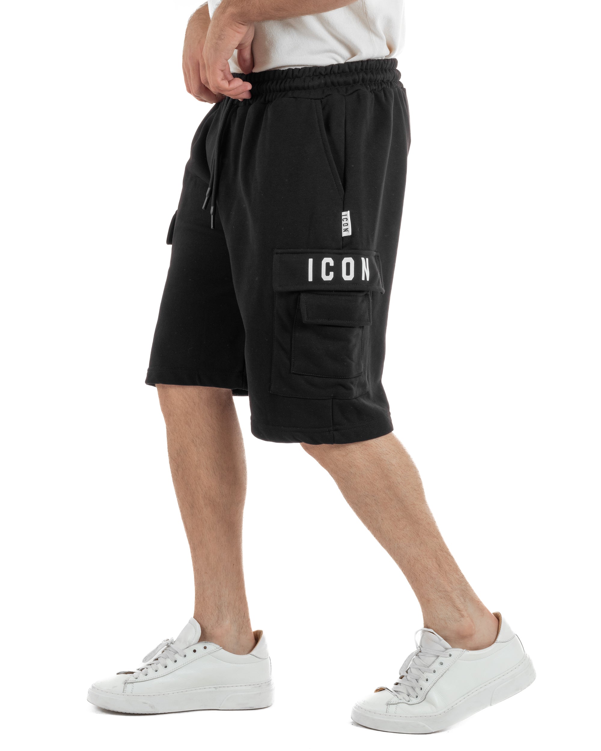 Vista laterale bermuda cargo nero uomo vita elastica coulisse tasche laterali patta logo Icon