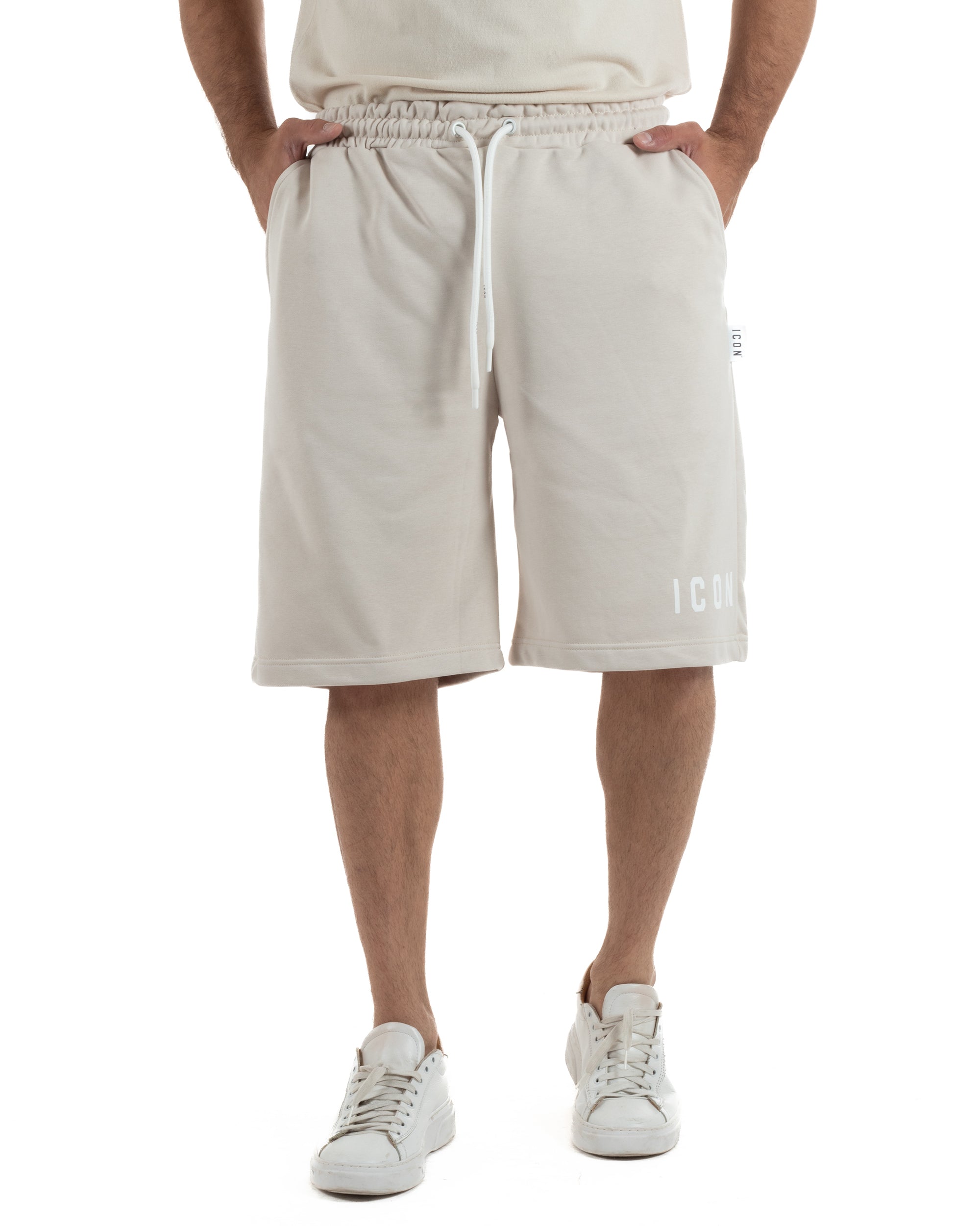 Bermuda uomo beige relaxed fit vita elastica coulisse logo laterale streetwear made in Italy Icon