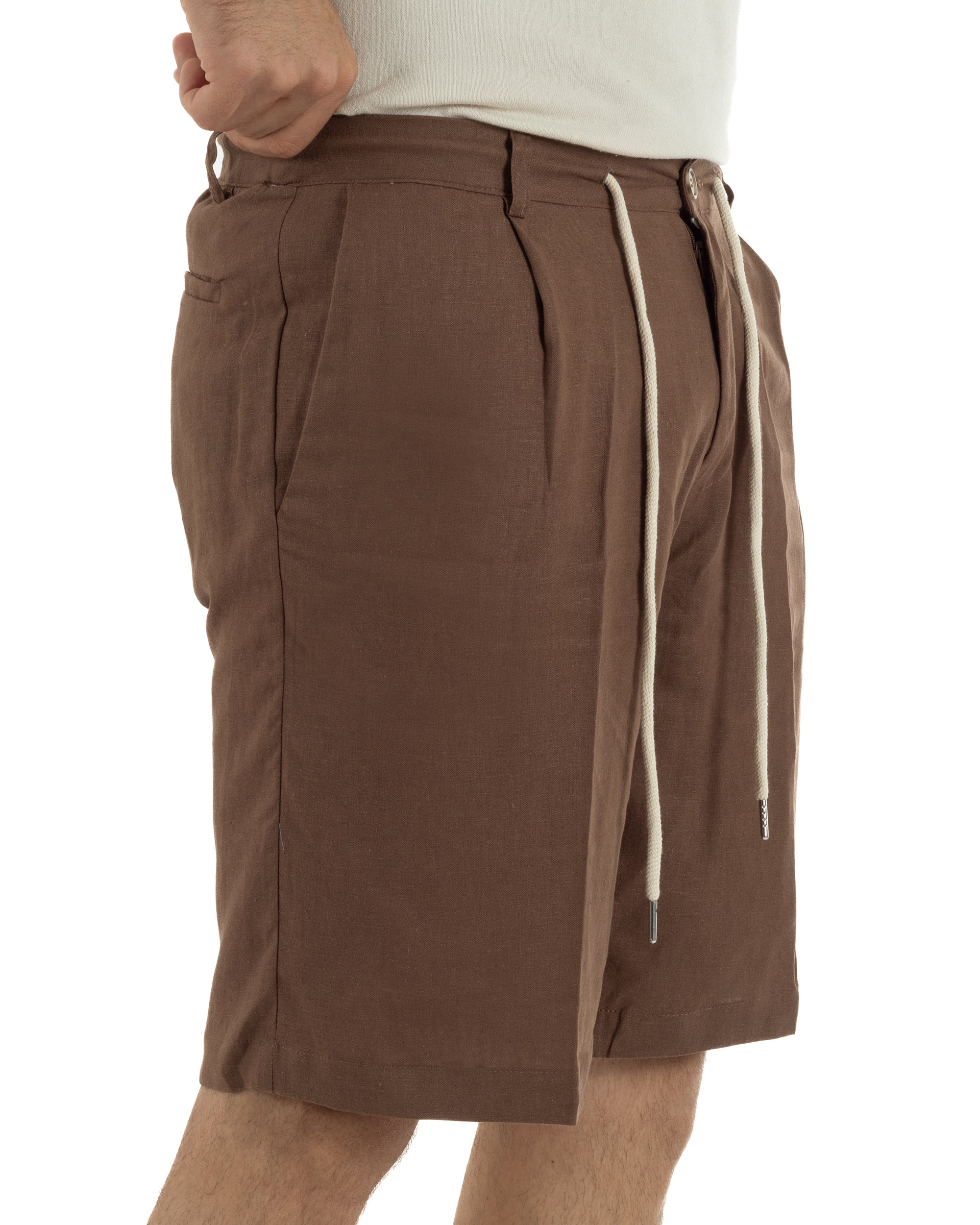 Bermuda pantaloncini uomo corti lino sartoriale con laccetto marrone GIOSAL-PC2047A