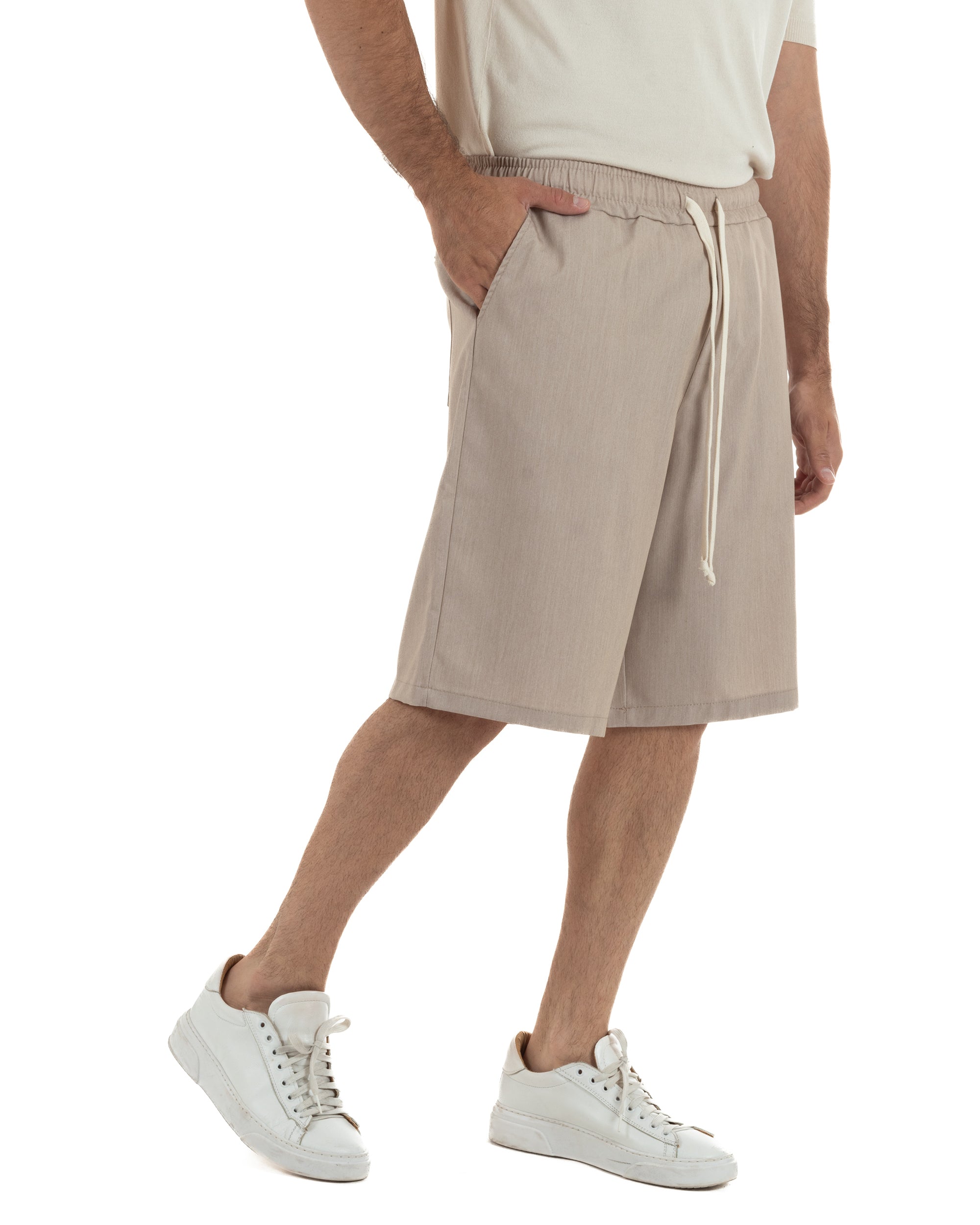Bermuda uomo viscosa pantalaccio corto jogger wide leg oversize beige melangiato GIOSAL-PC2048A