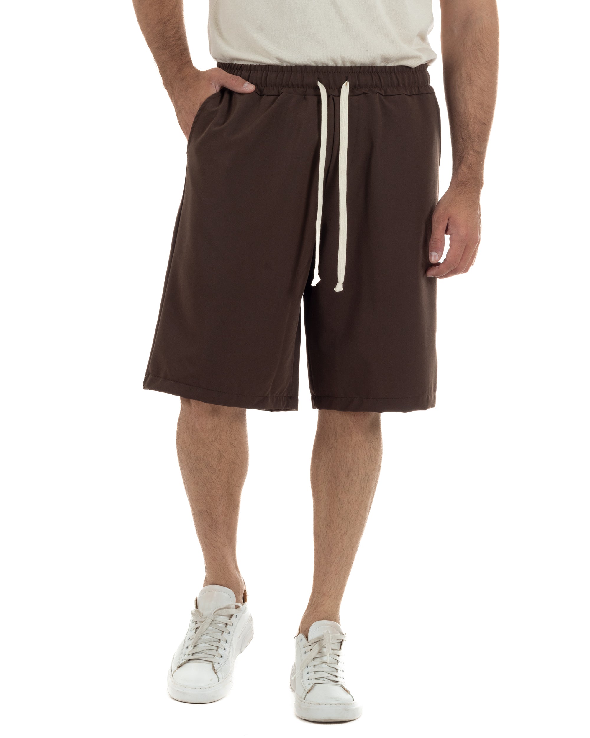 Bermuda uomo viscosa pantalaccio corto jogger wide leg oversize marrone GIOSAL-PC2049A