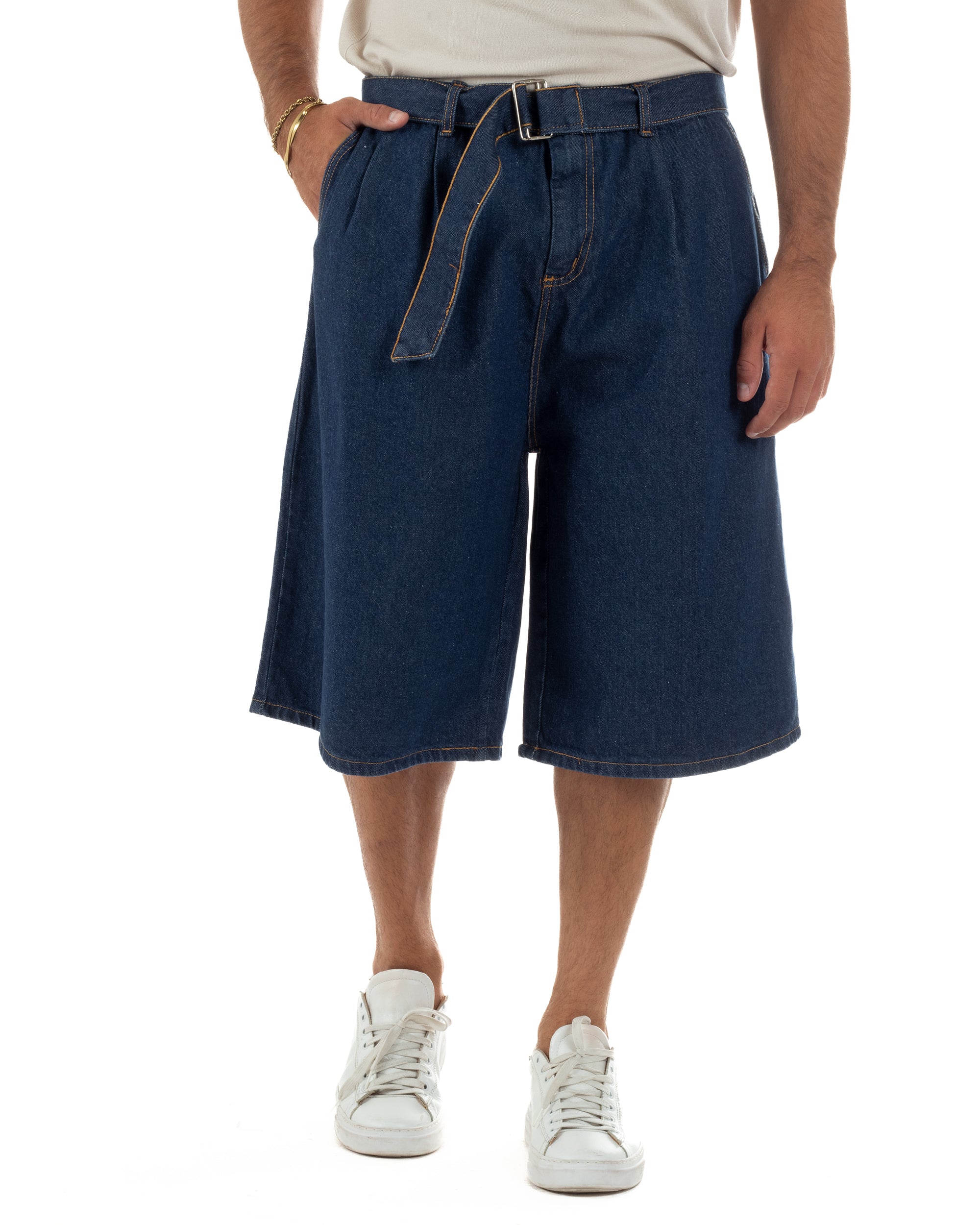 Bermuda pantaloncini uomo jeans oversize wide leg cintura coordinata denim scuro GIOSAL-PC2050A