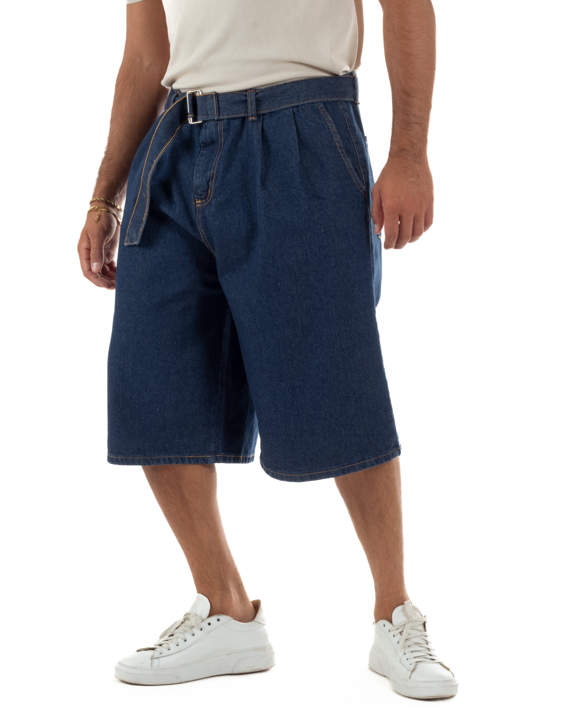 Bermuda pantaloncini uomo jeans oversize wide leg cintura coordinata denim scuro GIOSAL-PC2050A