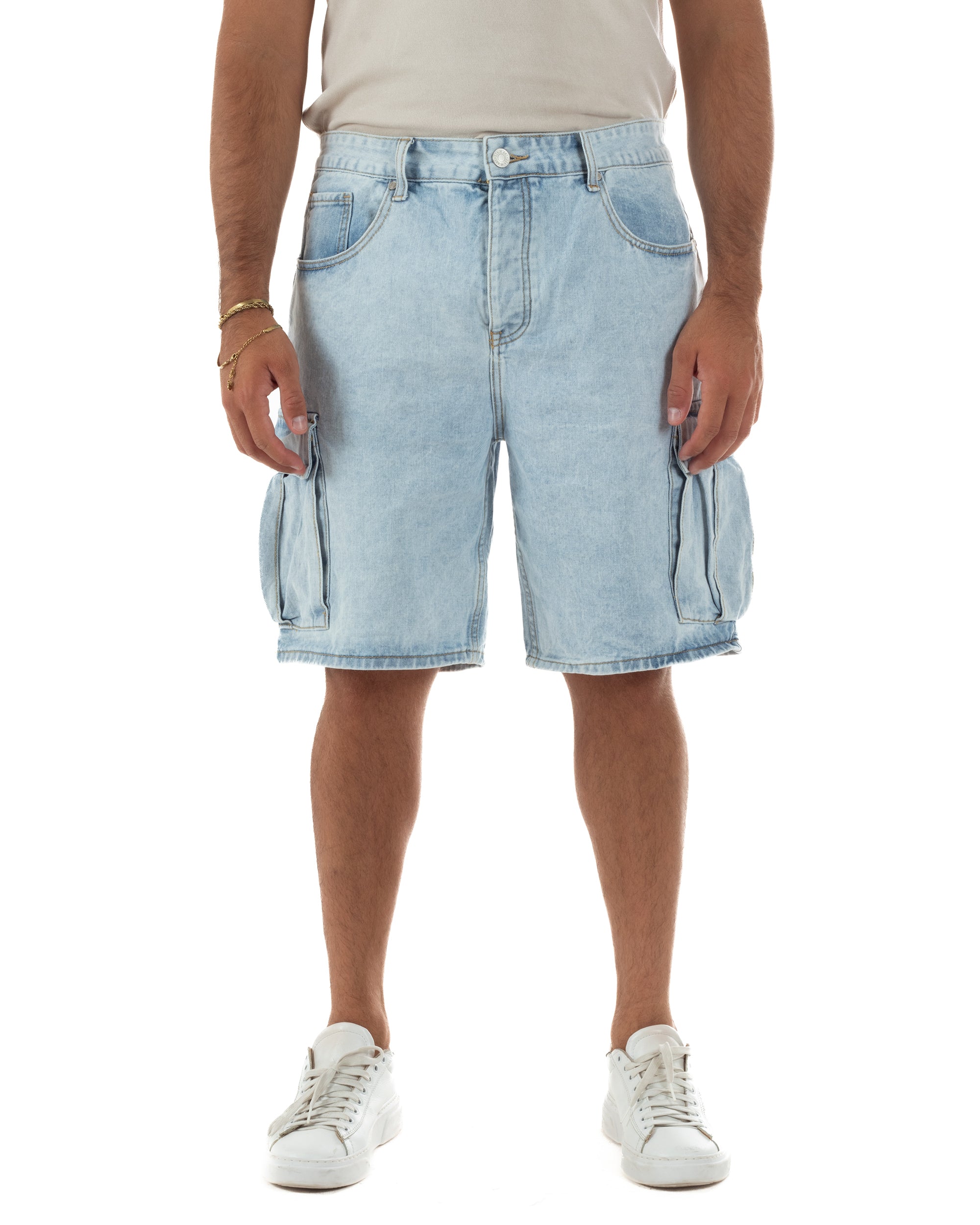 Bermuda cargo uomo pantaloncini con tasconi cinque tasche denim chiaro GIOSAL-PC2051A