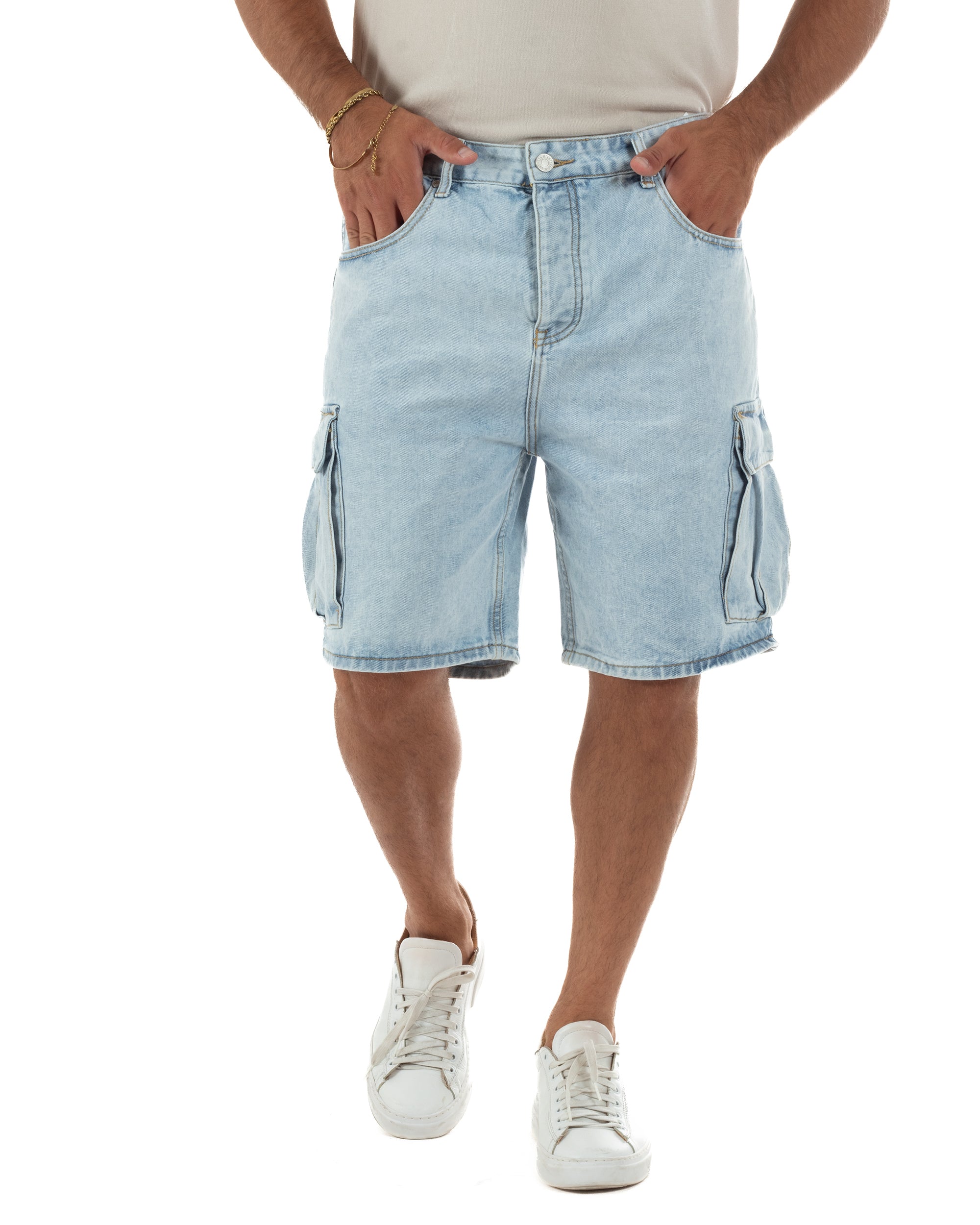 Bermuda cargo uomo pantaloncini con tasconi cinque tasche denim chiaro GIOSAL-PC2051A