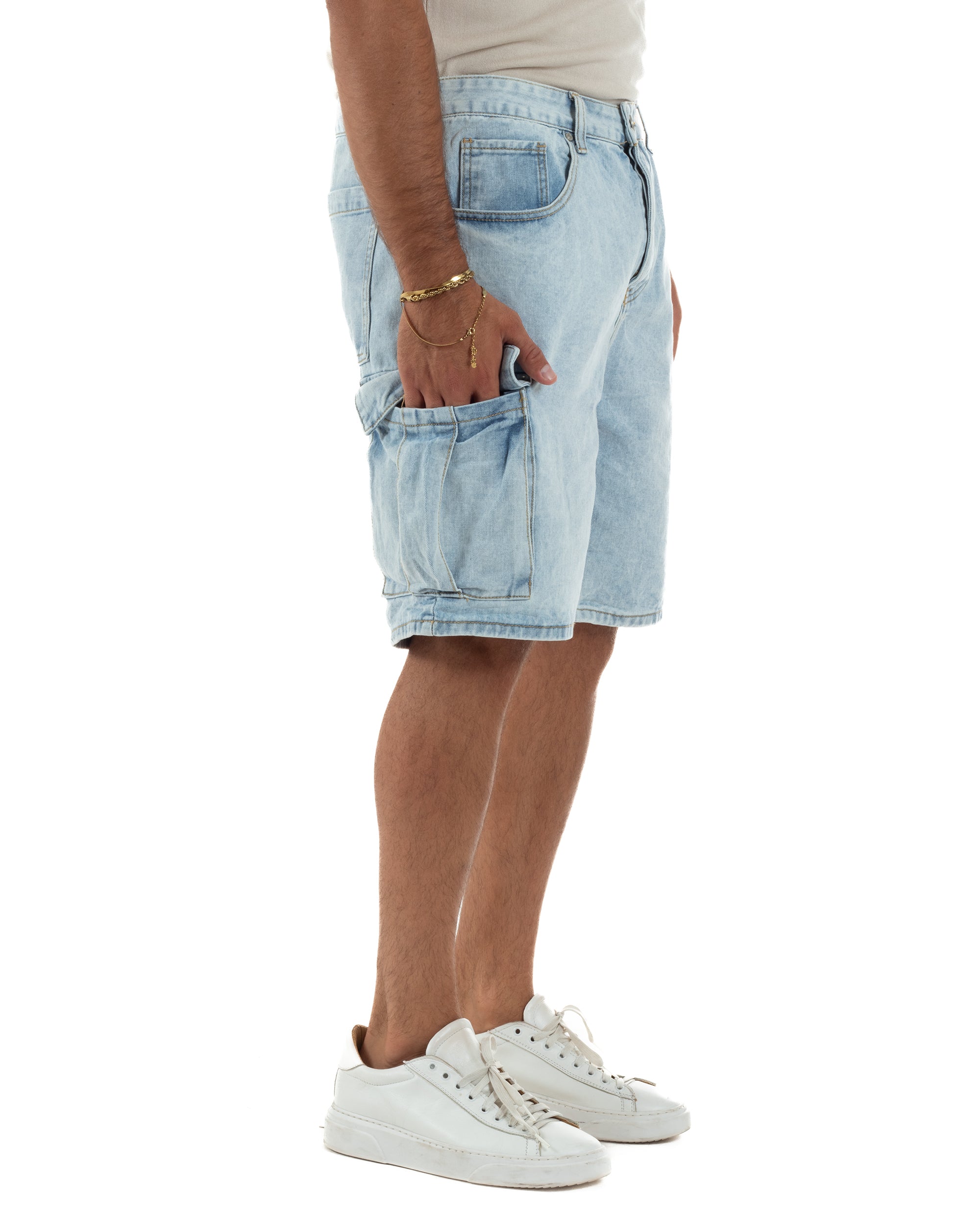 Bermuda cargo uomo pantaloncini con tasconi cinque tasche denim chiaro GIOSAL-PC2051A