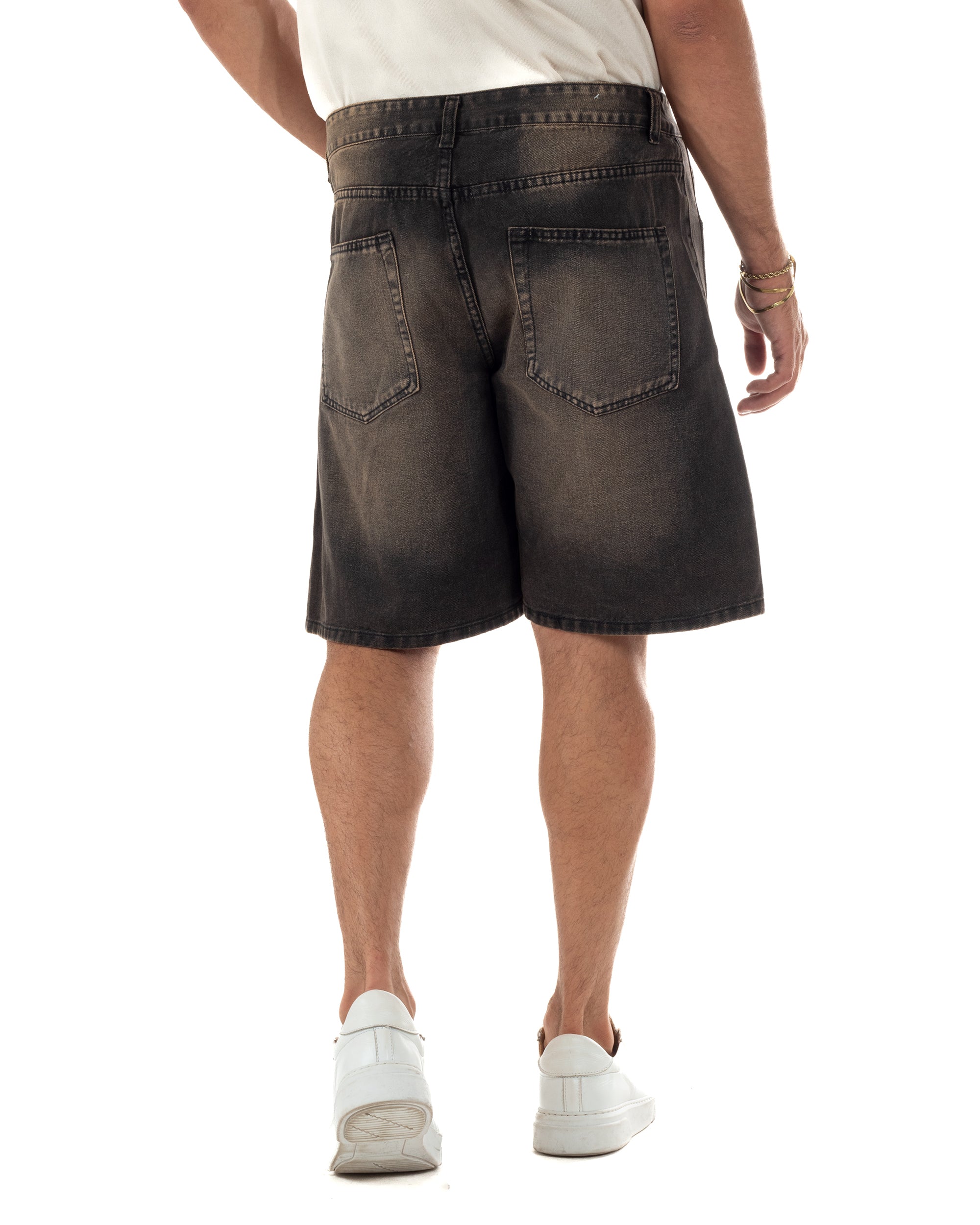 Bermuda pantaloncini uomo jeans con strass cinque tasche denim marrone GIOSAL-PC2053A