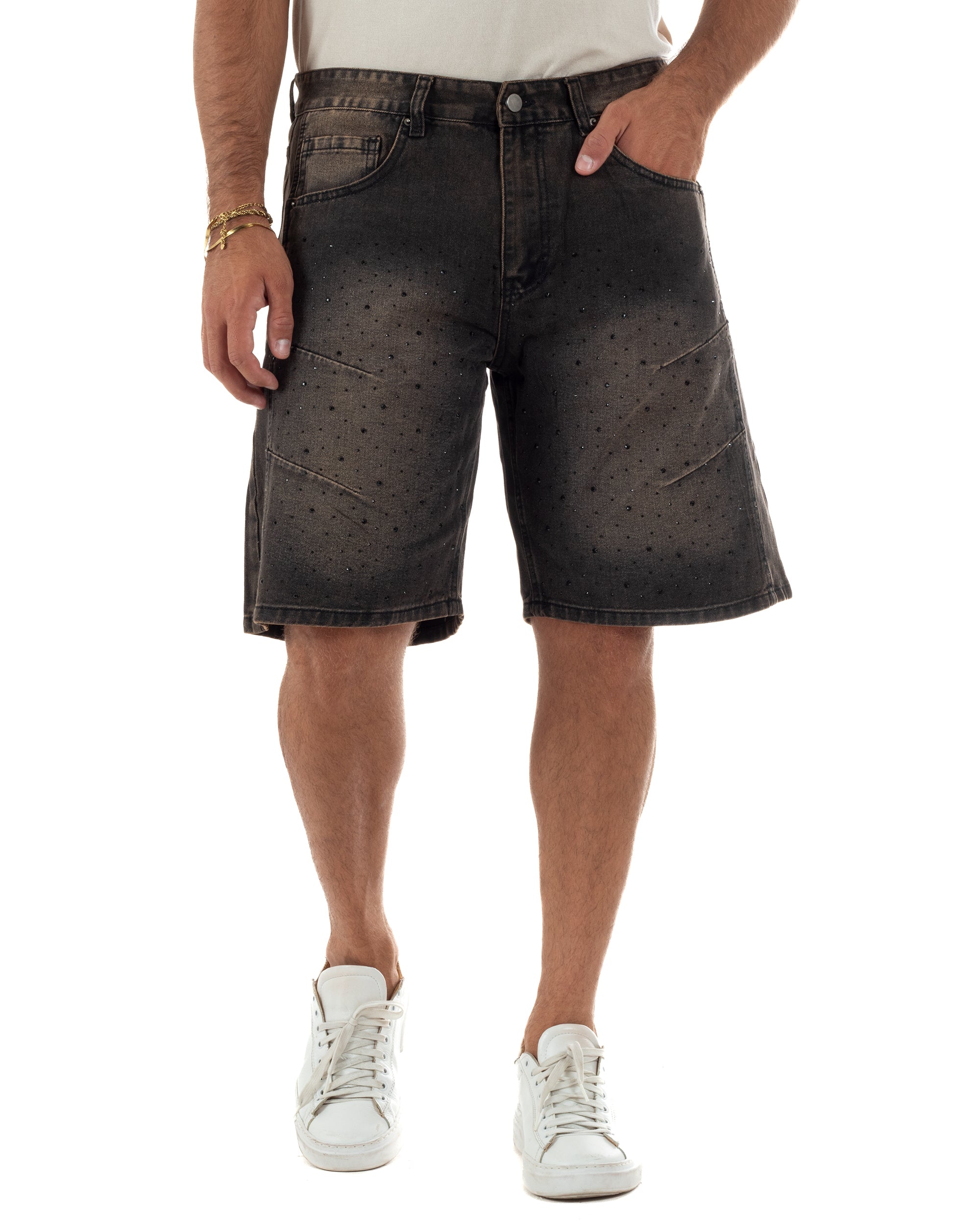 Bermuda pantaloncini uomo jeans con strass cinque tasche denim marrone GIOSAL-PC2053A