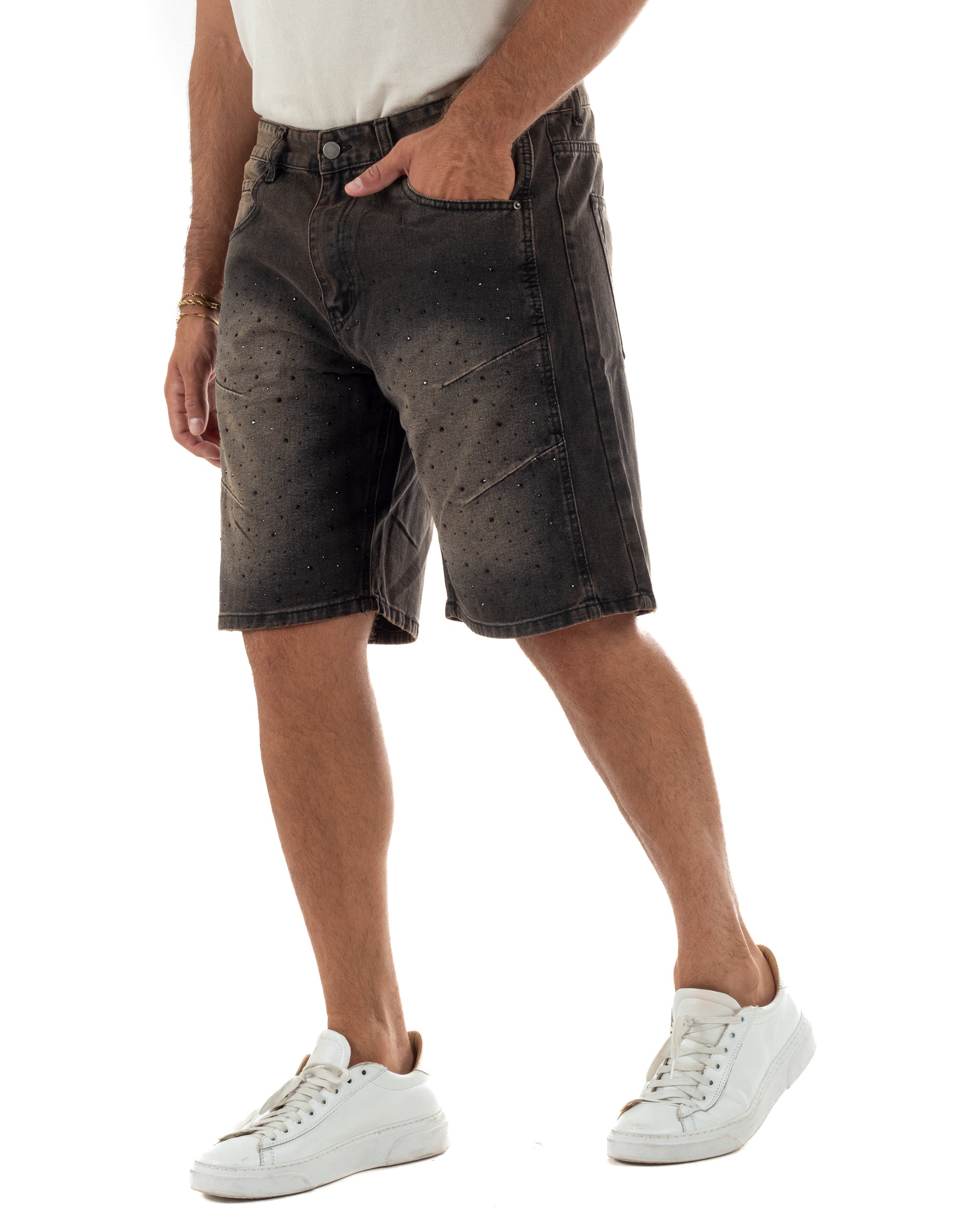 Bermuda pantaloncini uomo jeans con strass cinque tasche denim marrone GIOSAL-PC2053A