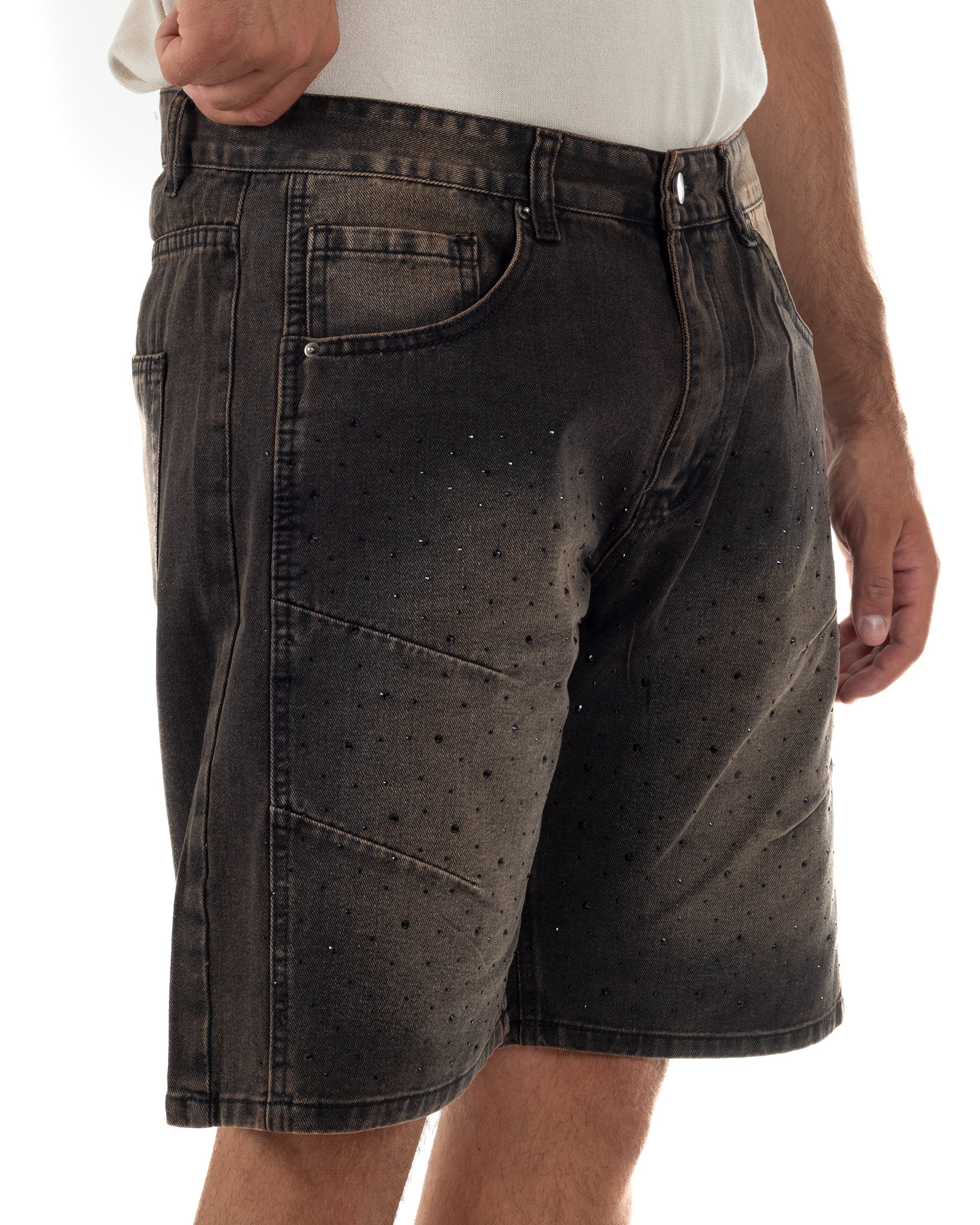 Bermuda pantaloncini uomo jeans con strass cinque tasche denim marrone GIOSAL-PC2053A