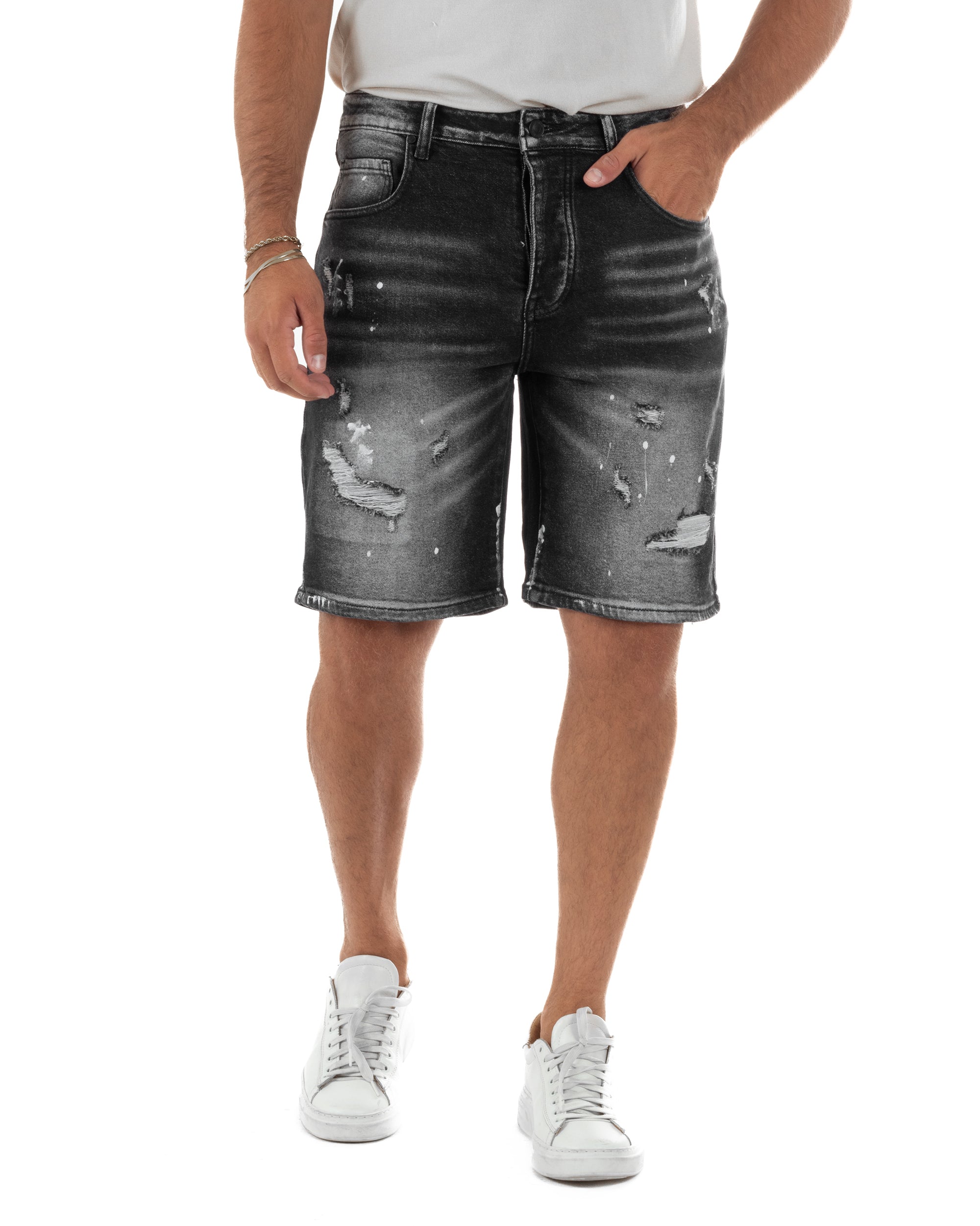 Bermuda pantaloncini uomo jeans rotture cinque tasche effetto used denim nero GIOSAL-PC2055A