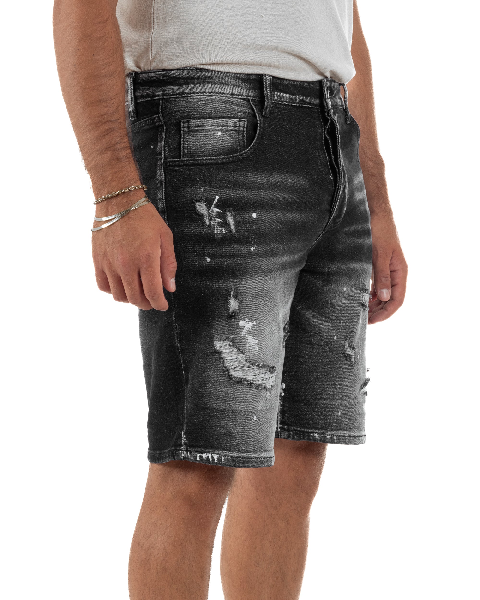 Bermuda pantaloncini uomo jeans rotture cinque tasche effetto used denim nero GIOSAL-PC2055A