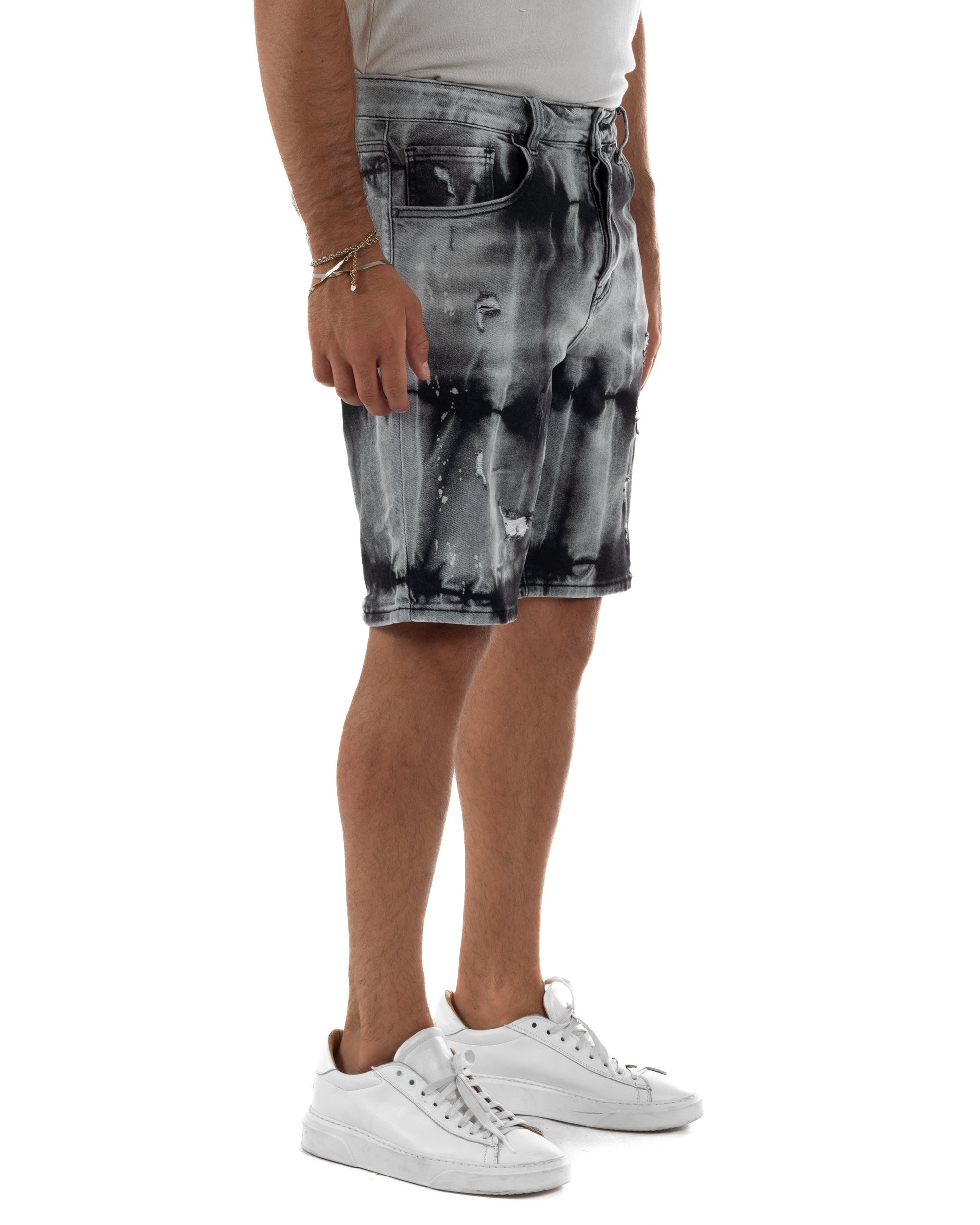 Bermuda pantaloncini uomo jeans abrasioni effetto tie-dye used denim nero GIOSAL-PC2057A
