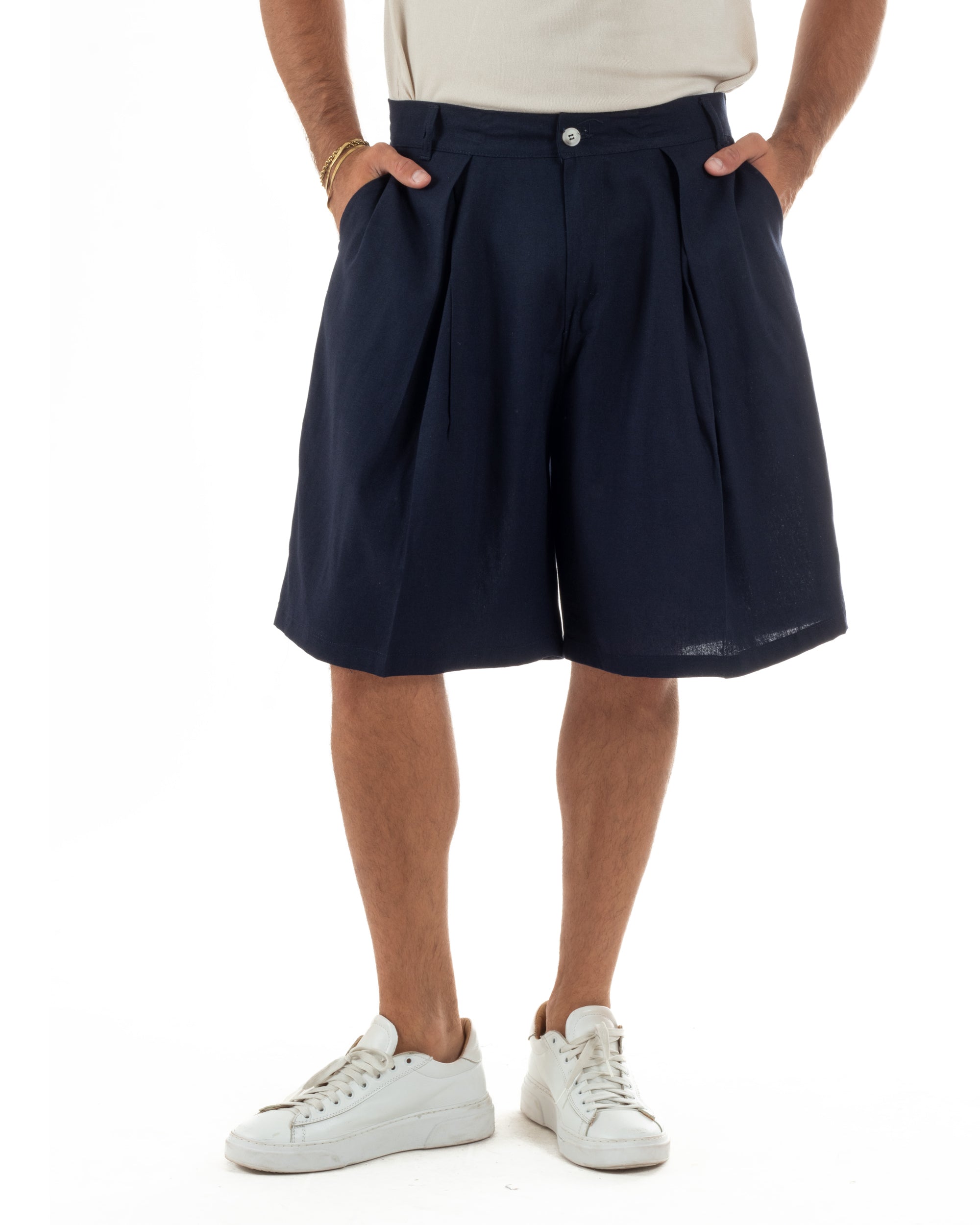 Bermuda pantaloncini uomo lino baggy fit pinces blu GIOSAL-PC2058A