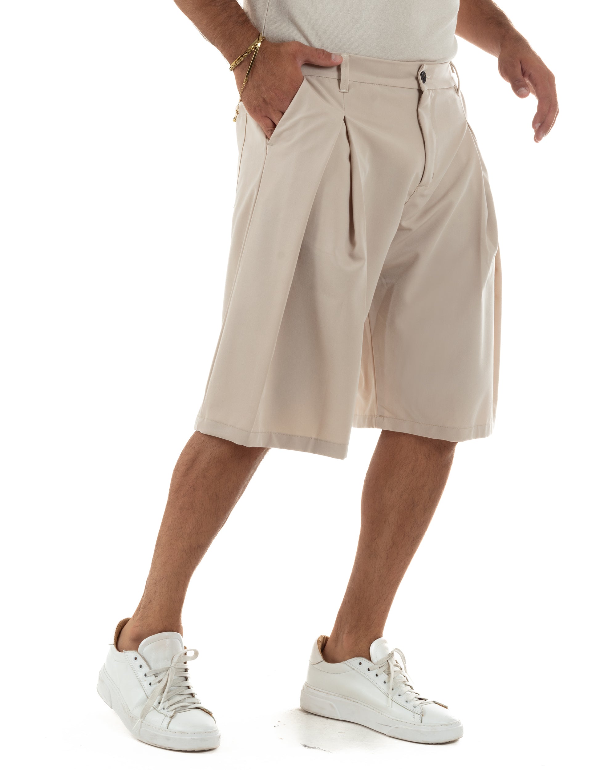 Bermuda pantaloncini uomo baggy fit pinces beige GIOSAL-PC2060A