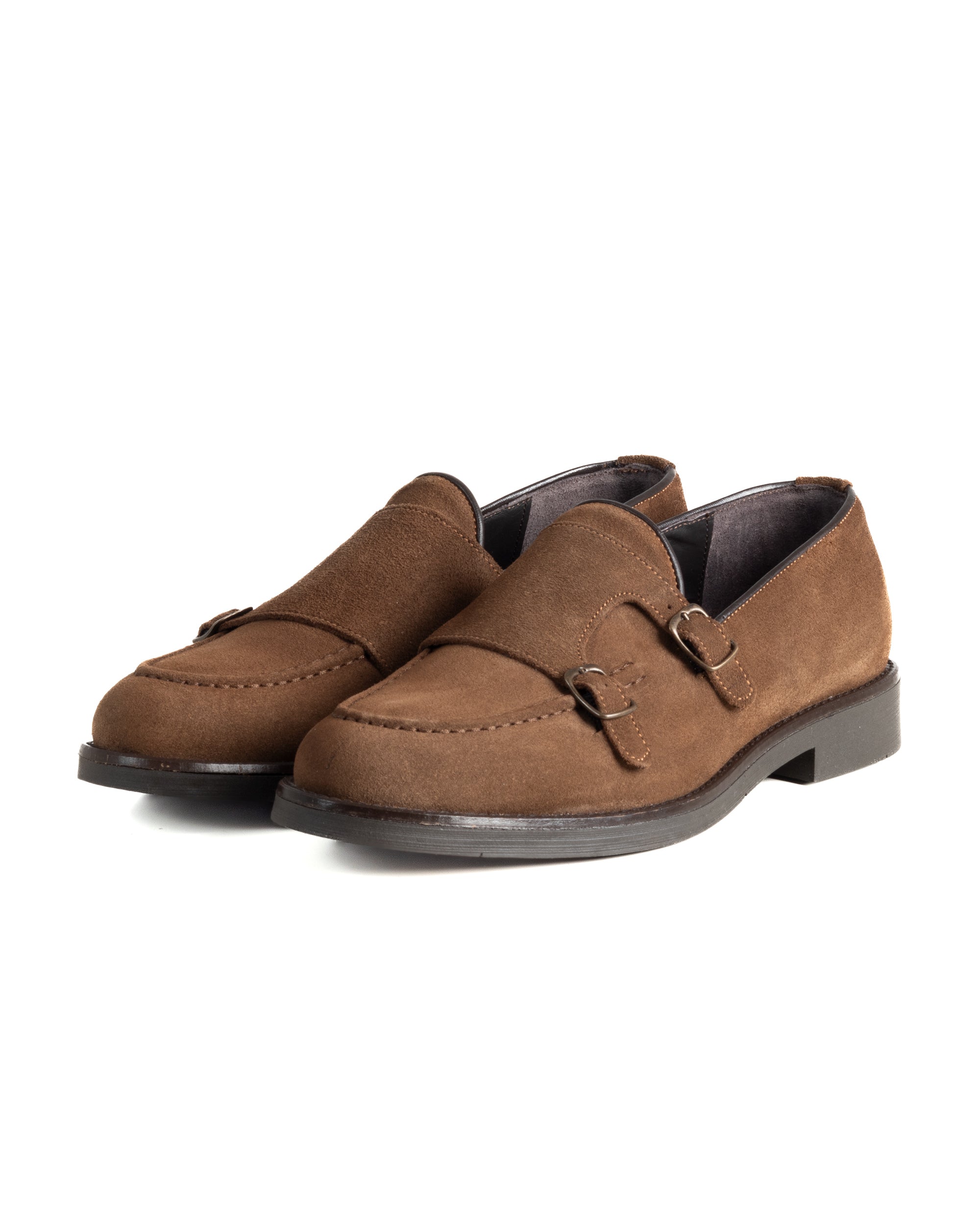 Mocassini Doppia Fibbia Uomo Scarpe Camoscio Eleganti Cerimonia Suola Gomma Casual Tabacco GIOSAL-S1287A