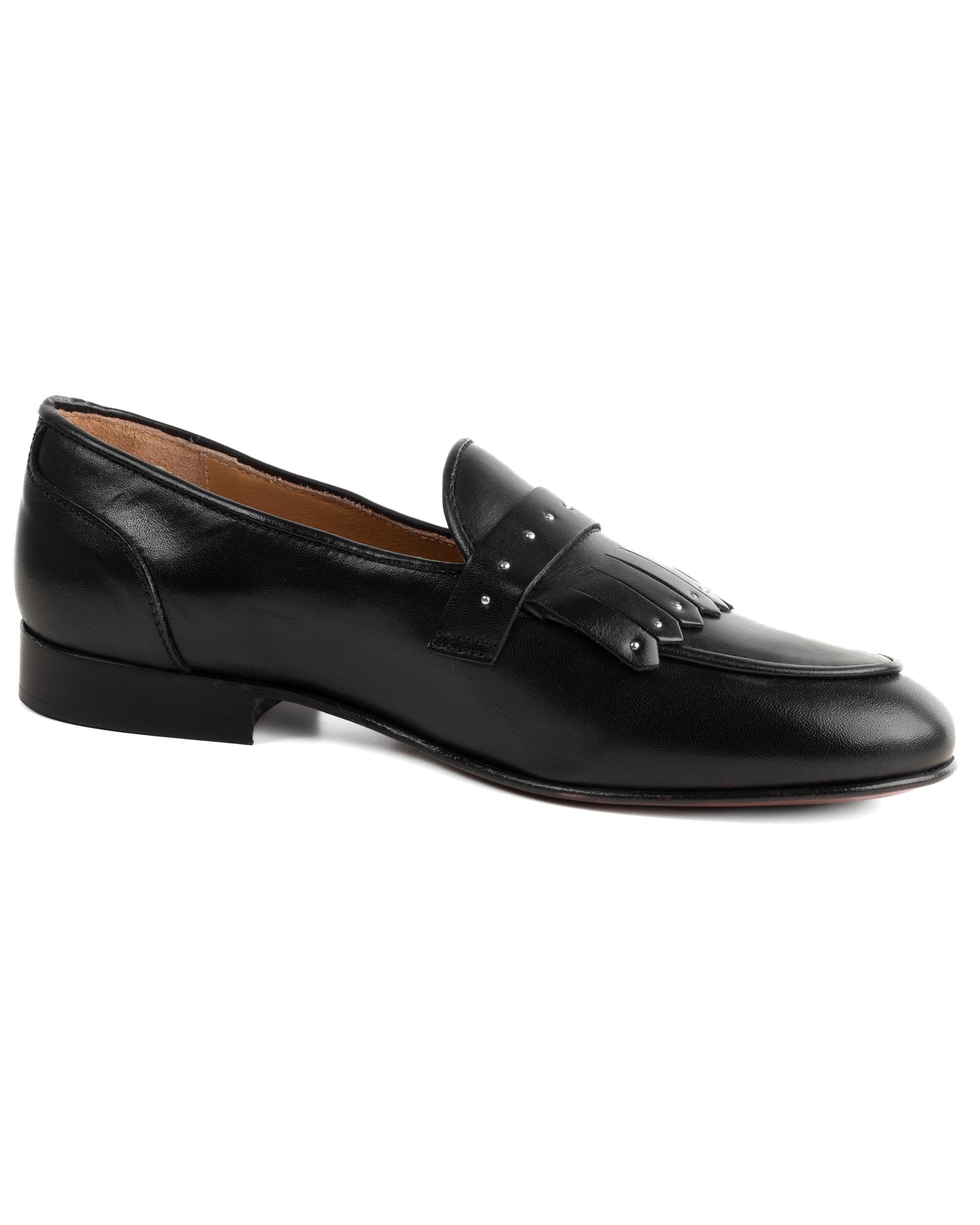 Mocassini uomo con fibbia frangia borchie argento scarpe copelle eleganti pelle vitello cerimonia suola di cuoio con ovalino antiscivolo casual nero GIOSAL-S1321A