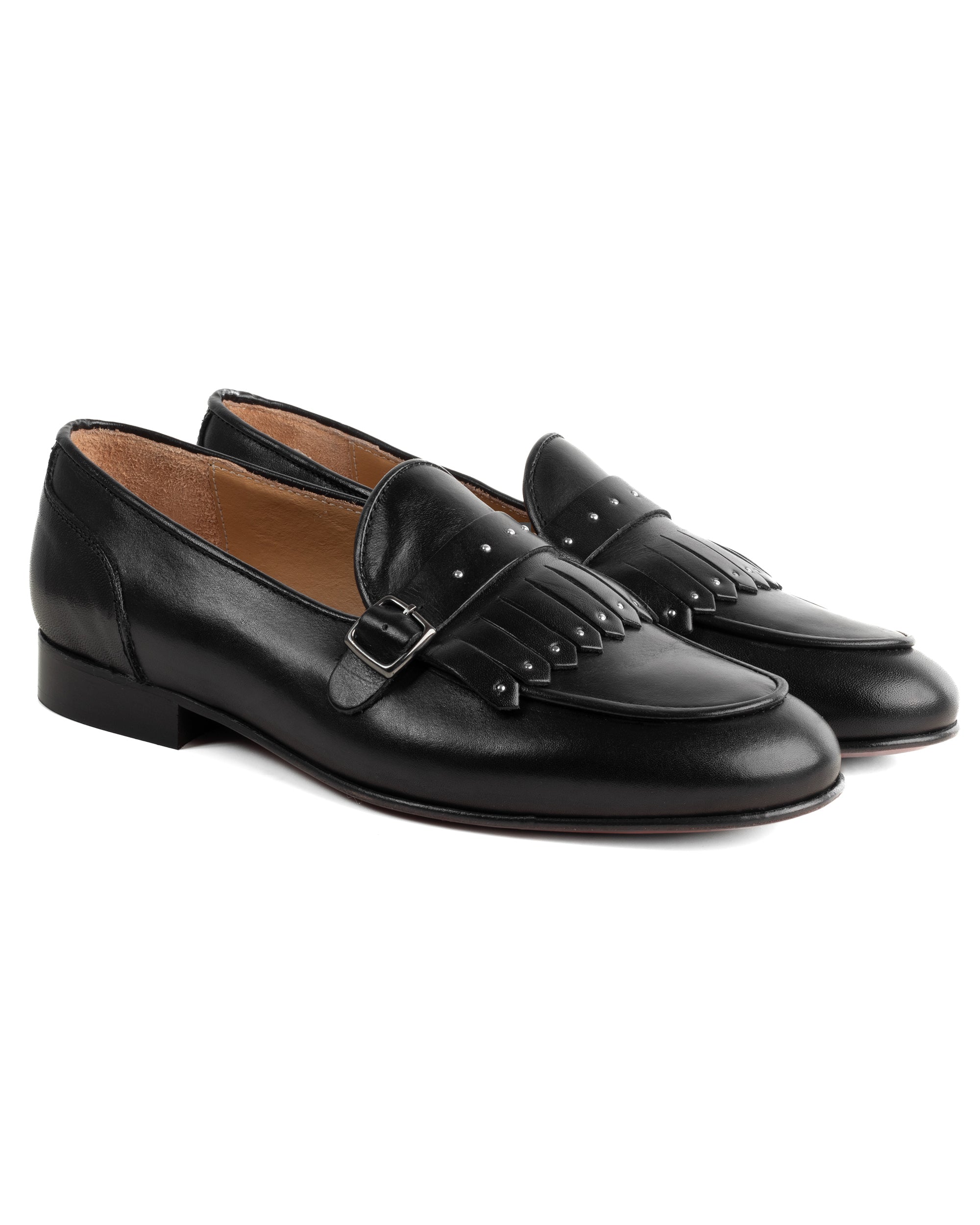 Mocassini uomo con fibbia frangia borchie argento scarpe copelle eleganti pelle vitello cerimonia suola di cuoio con ovalino antiscivolo casual nero GIOSAL-S1321A