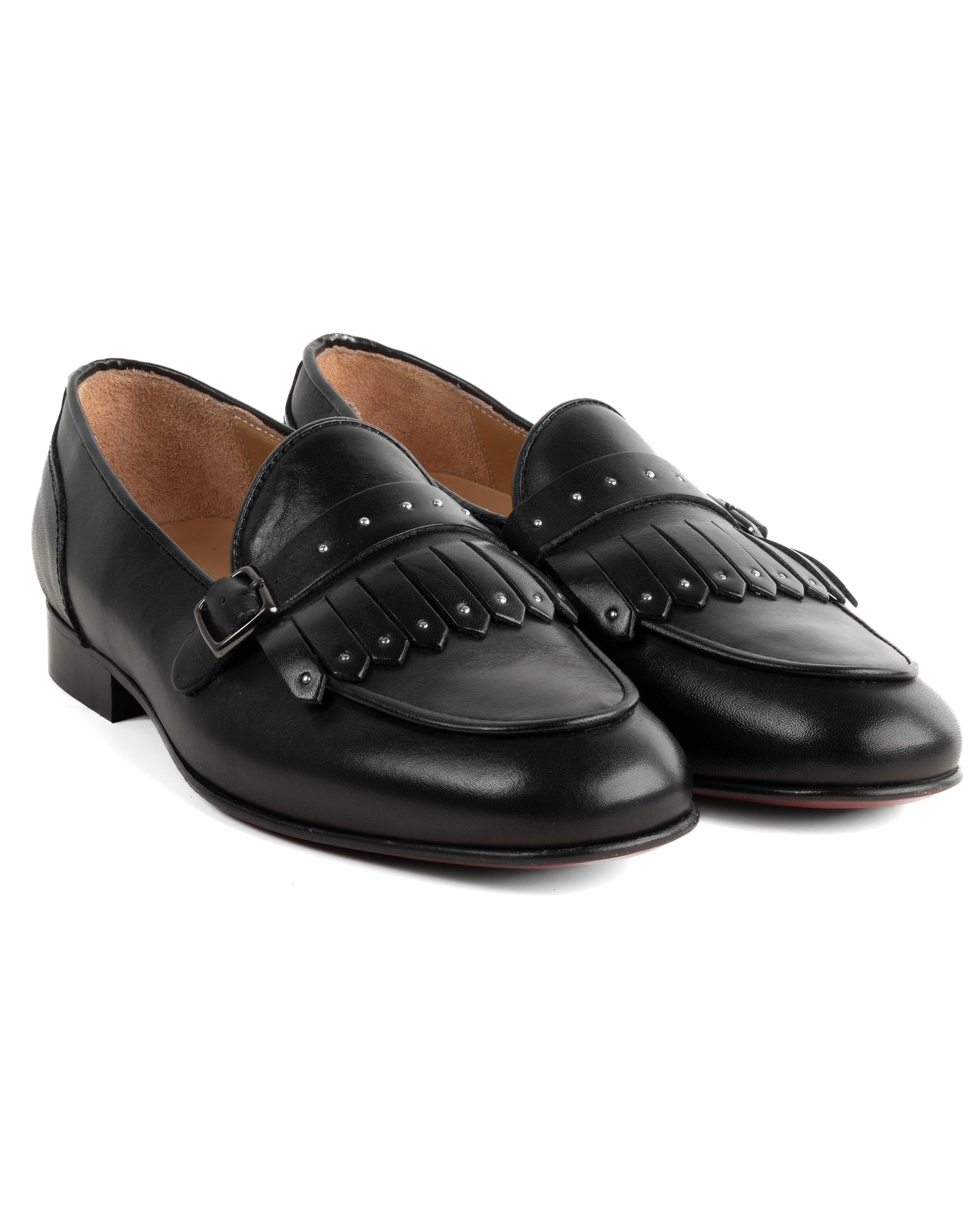 Mocassini uomo con fibbia frangia borchie argento scarpe copelle eleganti pelle vitello cerimonia suola di cuoio con ovalino antiscivolo casual nero GIOSAL-S1321A