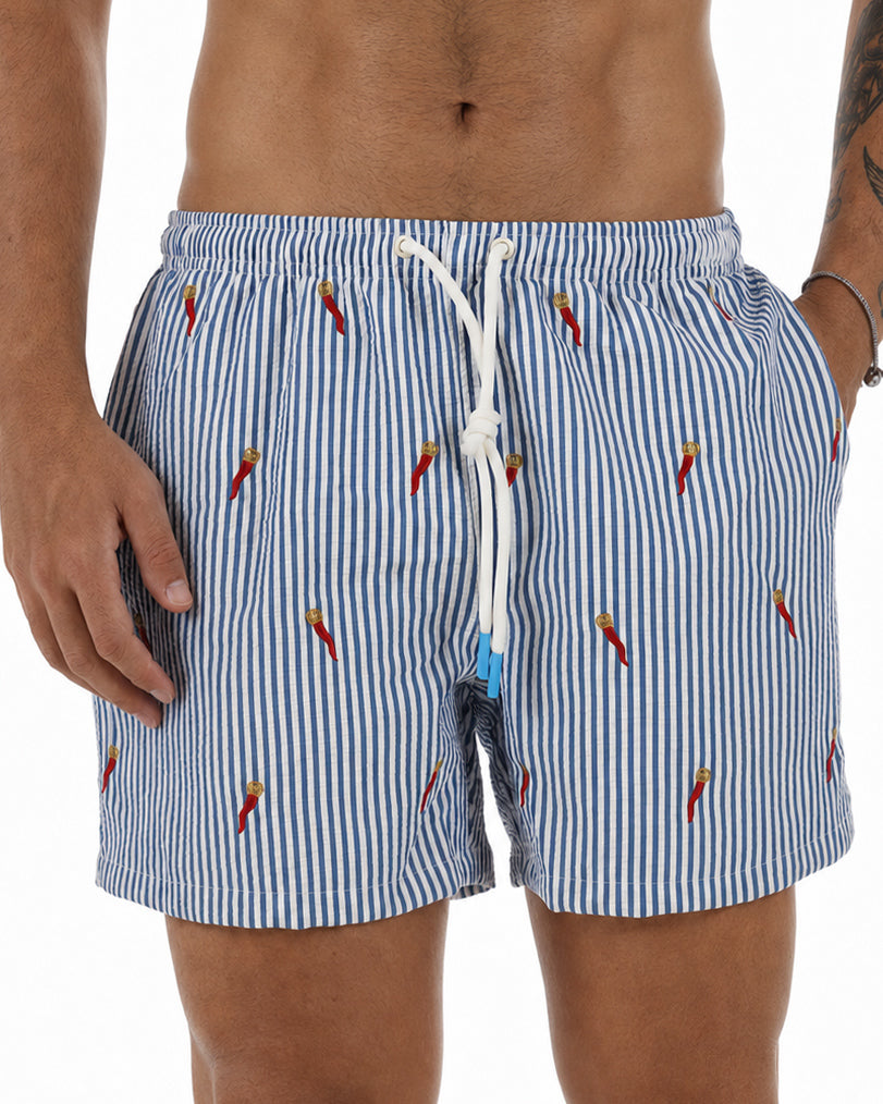 Costume da bagno bermuda mare uomo boxer coulisse corno portafortuna rigato celeste GIOSAL-SU1272A