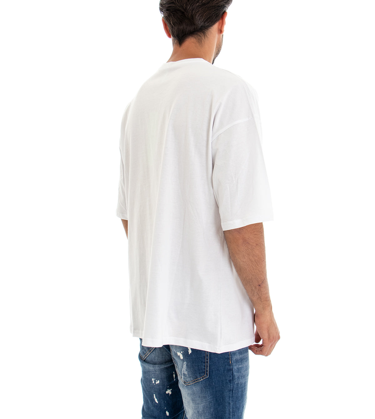 T-shirt Uomo Maglia Maniche Corte Over Size Tinta Unita Bianco Stampa Girocollo GIOSAL-TS2179A