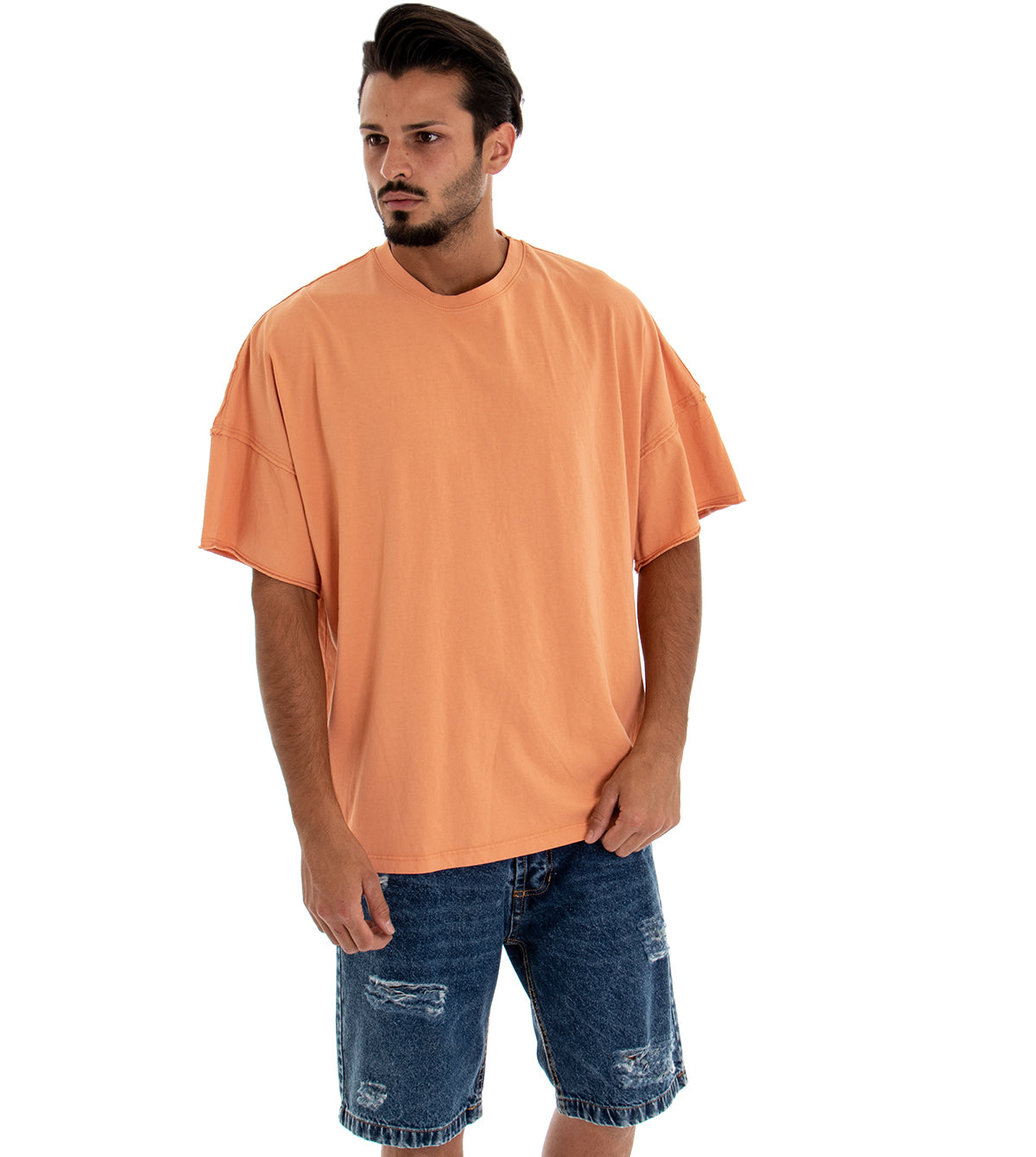 Men's T-shirt Solid Color Over Salmon Round Neck Cotton GIOSAL