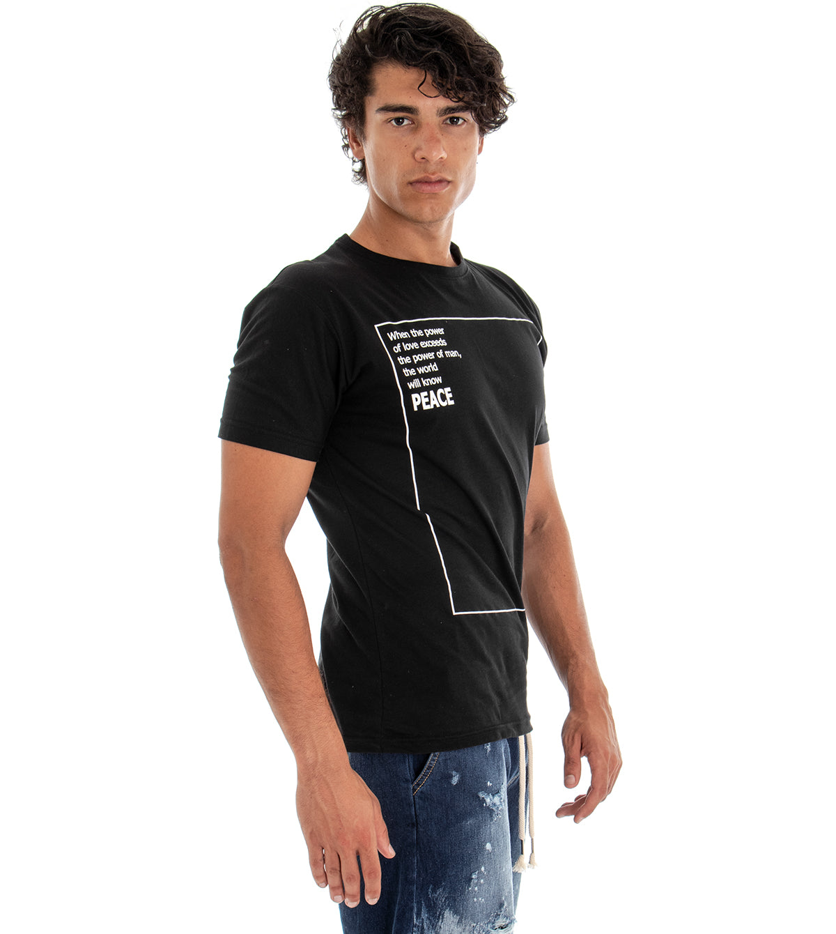 T-shirt Uomo Maglia Manica Corta Tinta Unita Nero Stampa Girocollo GIOSAL 