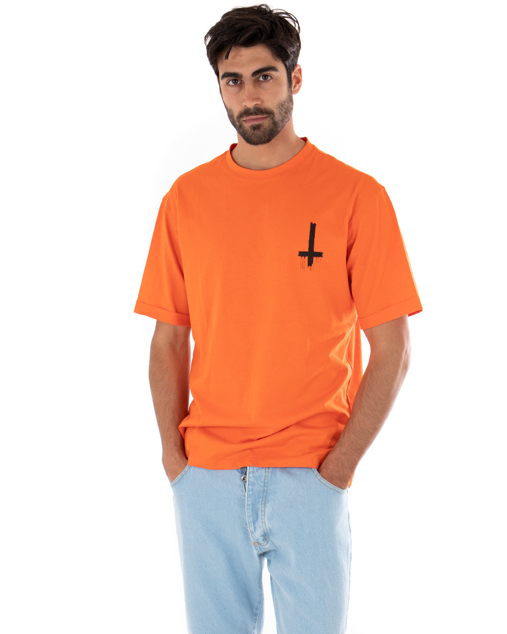 T-shirt Uomo Maniche Corte Stampa Tinta Unita Arancione Cotone Casual GIOSAL
