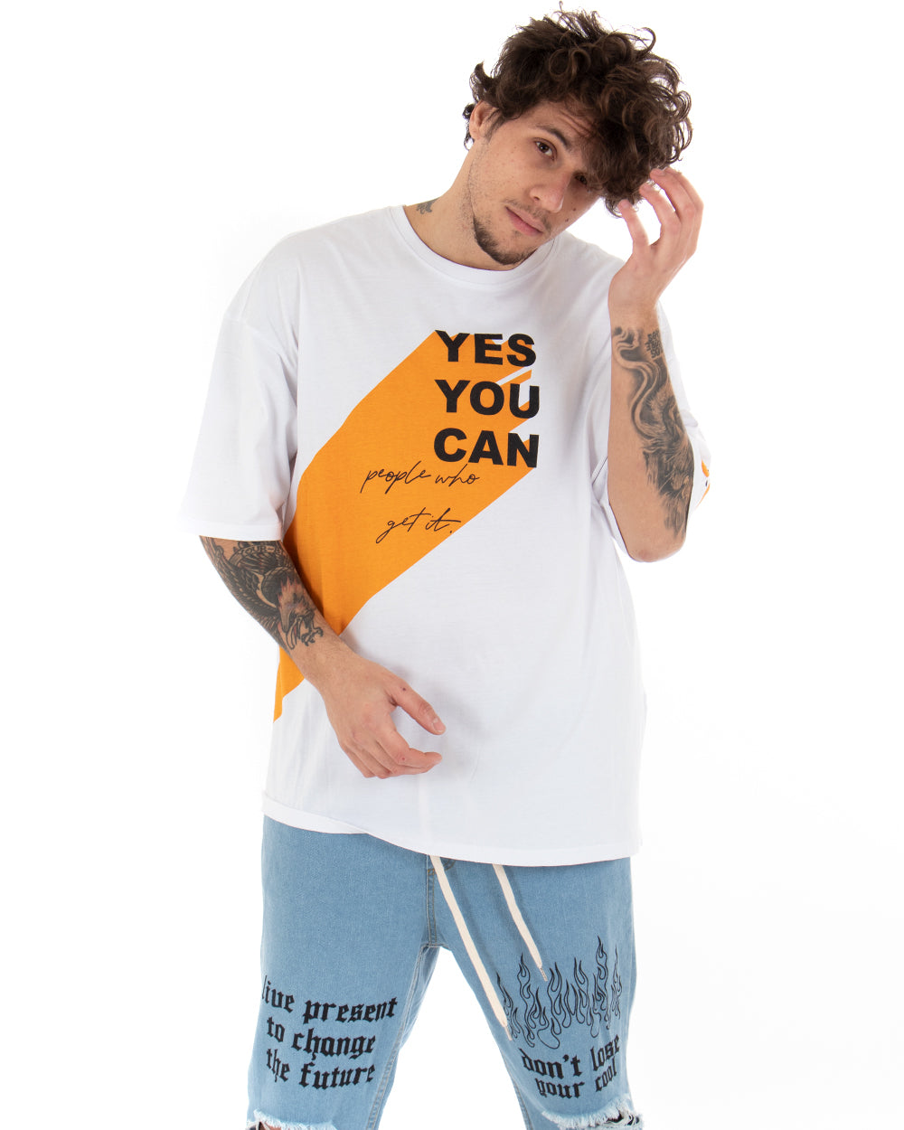 Men's T-shirt White Print Crew Neck Oversize Short Sleeves Casual GIOSAL